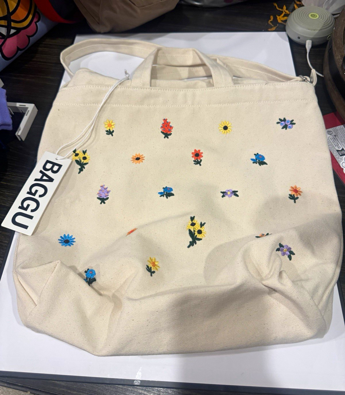 BAGGU Beige Floral Embroidered Zip Top Tote Bag w/ Detachable Adjustable Strap