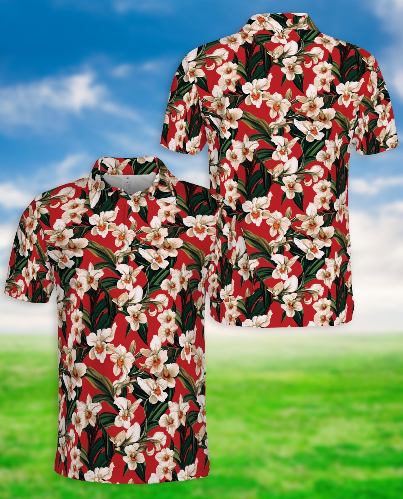 Men’s Polo Shirt Red Orchid Ginger Floral Golf Shirt Gift for Flower Lovers