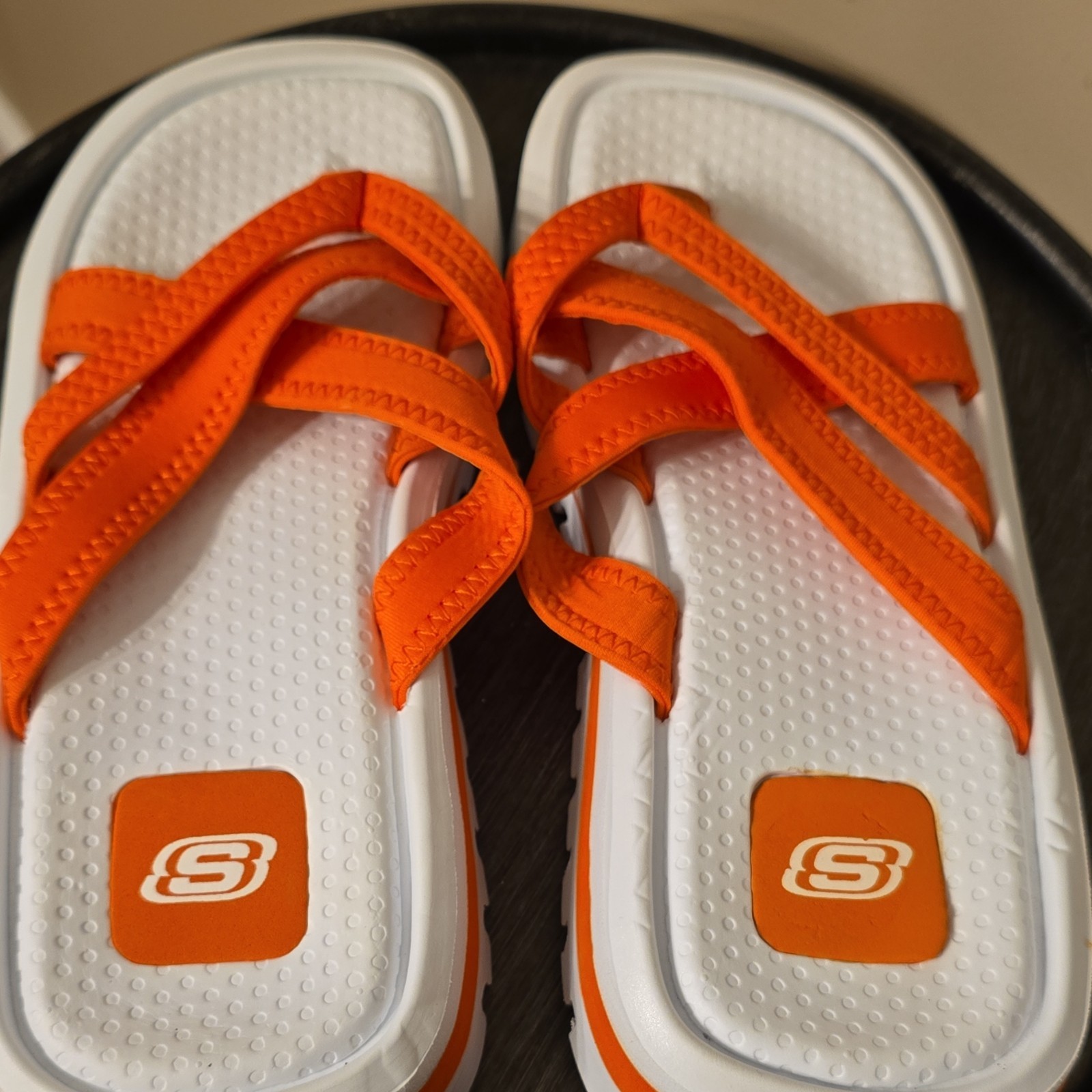 Skechers Orange White Logo Strappy Slip On Sandals Synthetic Rubber Women