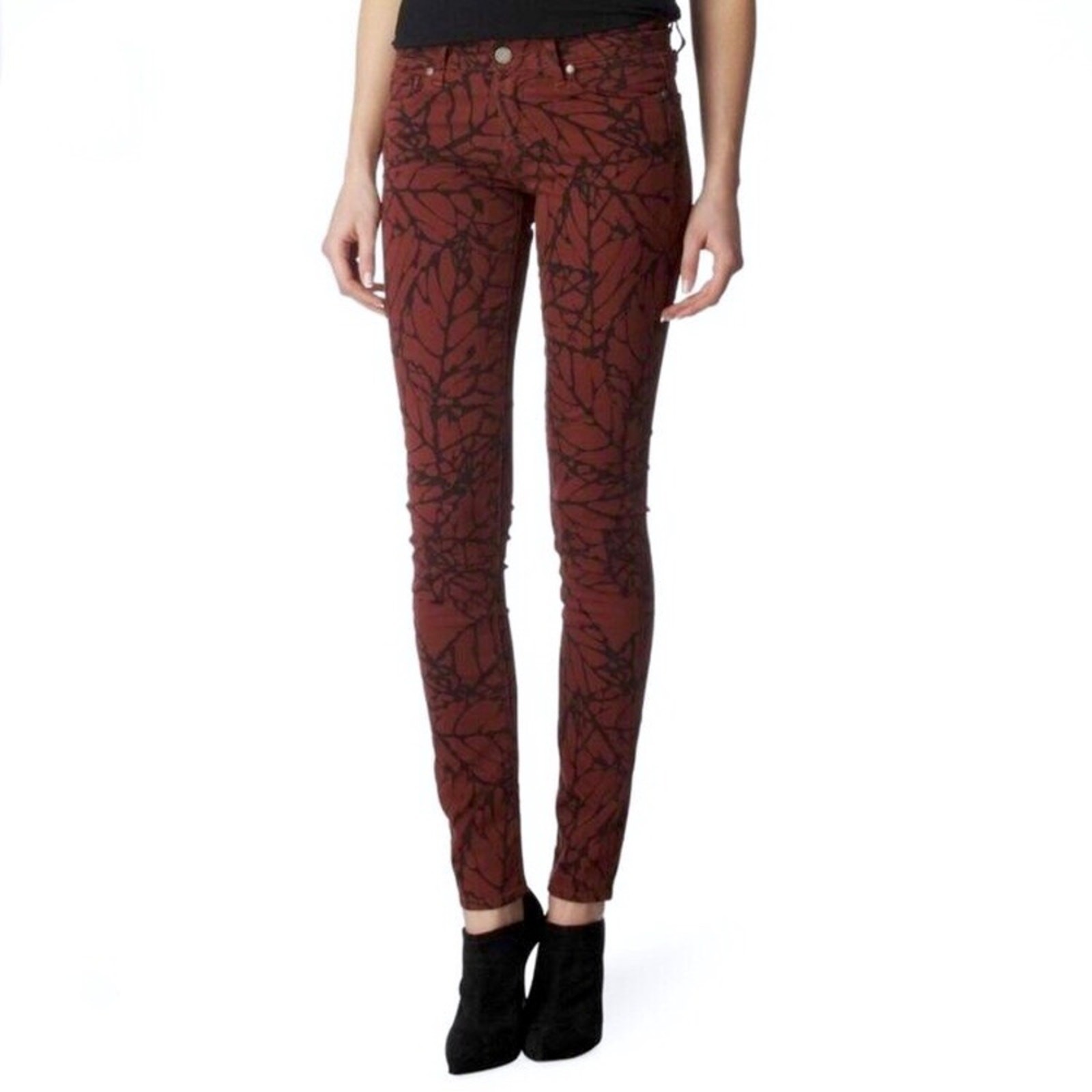 PAIGE Skyline Skinny Maroon Black & Red Leaf Print Skinny Jeans Women’s Size 26
