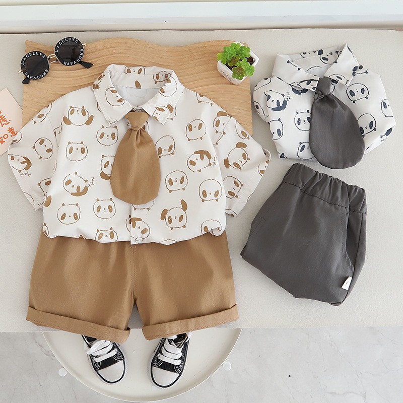 Panda Head Pattern Shirt and Tie Two Piece Set