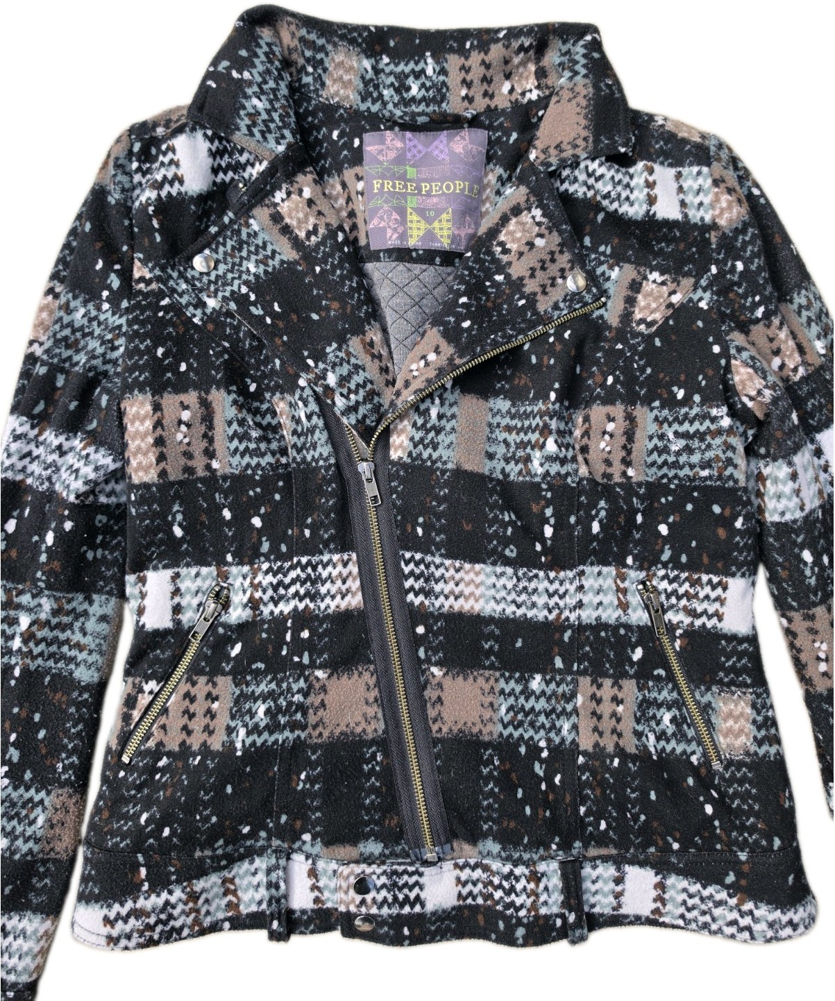 Free People Plaid Splatter Moto Jacket Zip Front Pockets Short Long Sleeve 10