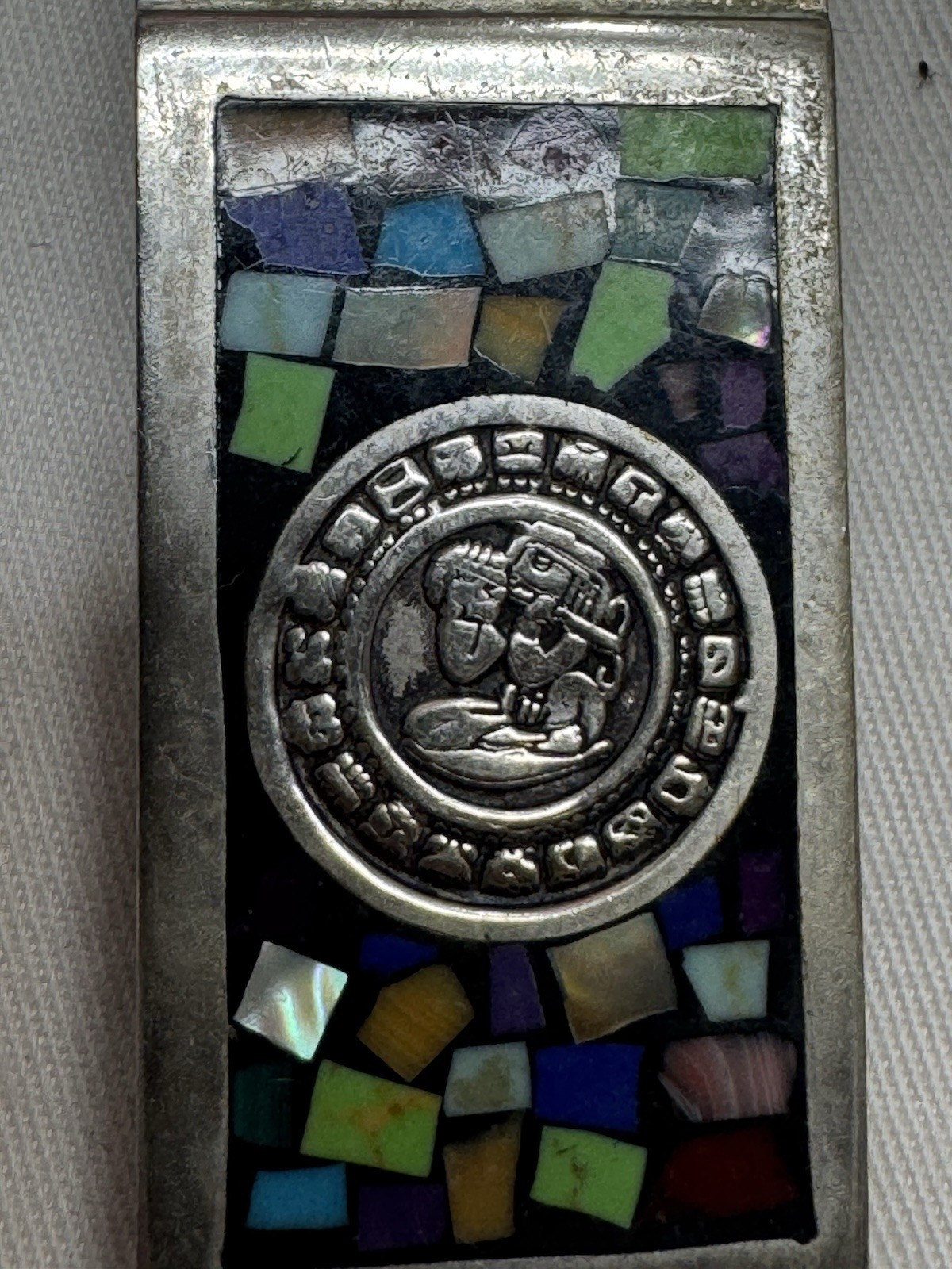 Vintage Taxco Mexico Inlay Multi Gemstone Aztec Sterling .925 Money Clip