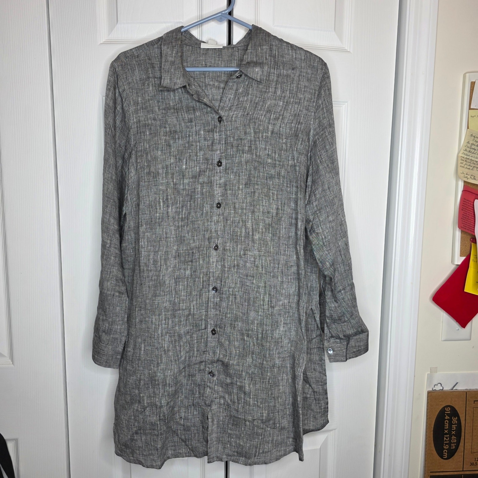 J. Jill Love Linen Gray Button Down Blouse Sz L Petite NWOT