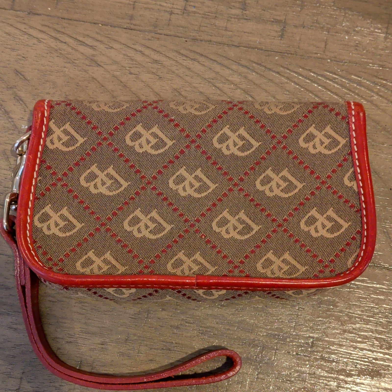 Dooney & Bourke Logo Wristlet Wallet w/ Wrist Strap Snap Closure Brown/Red