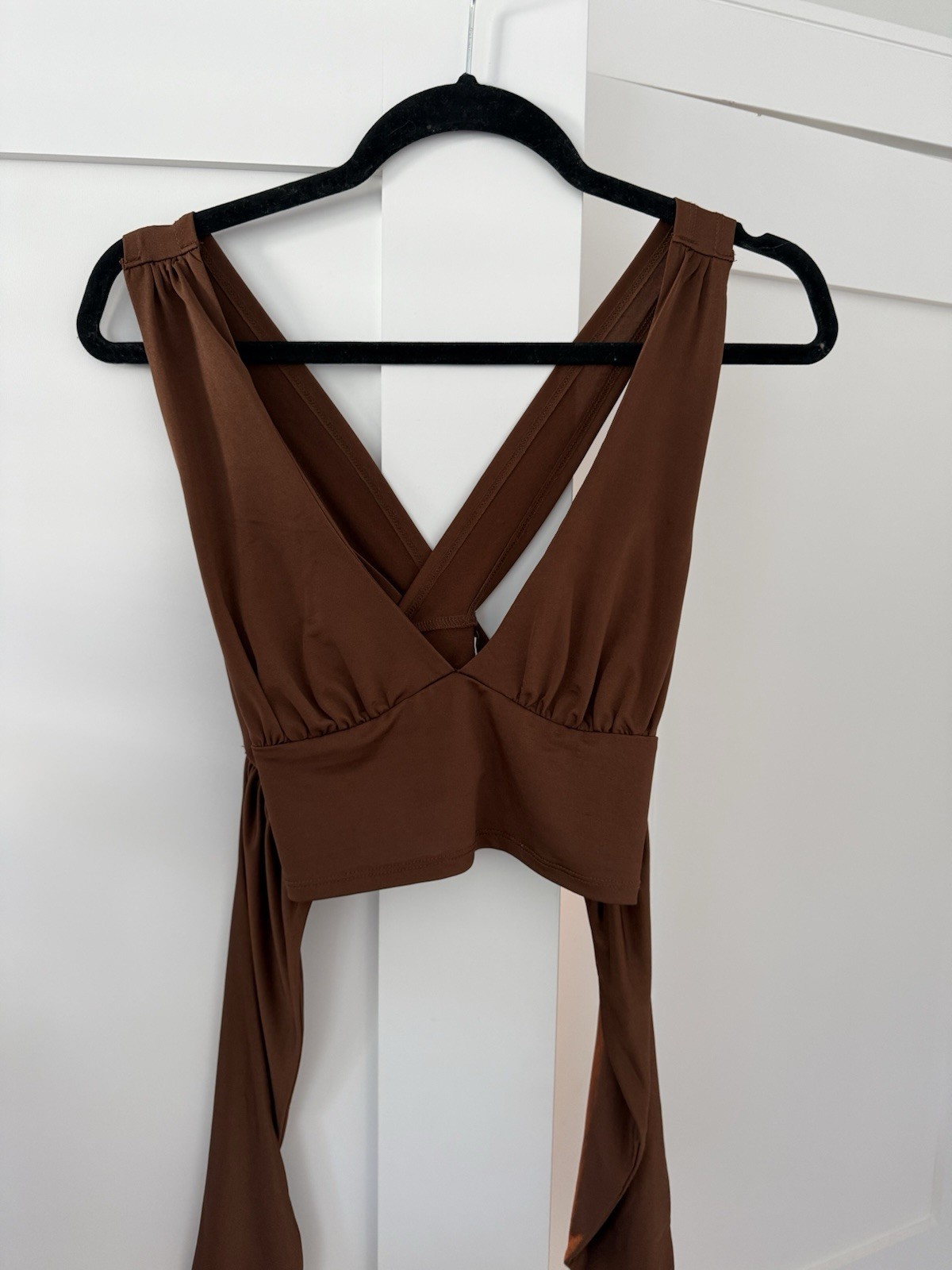 Urban Outfitters Silky Satin V-Neck Cropped Tank Top Brown Wide Strap Tie Back L