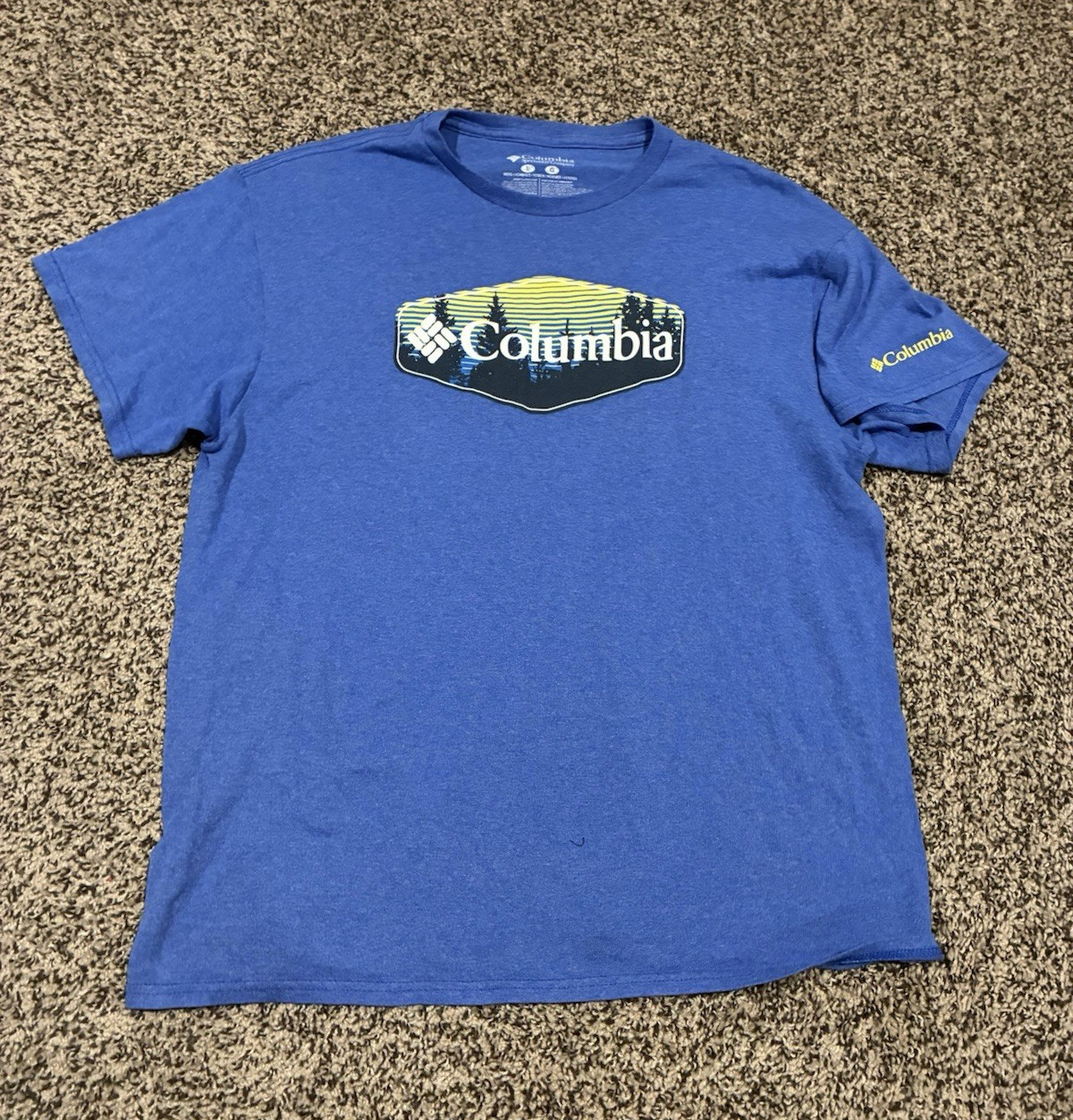 Columbia Blue Graphic Print Logo Crew Neck Knit Cotton Blend T-Shirt Mens L