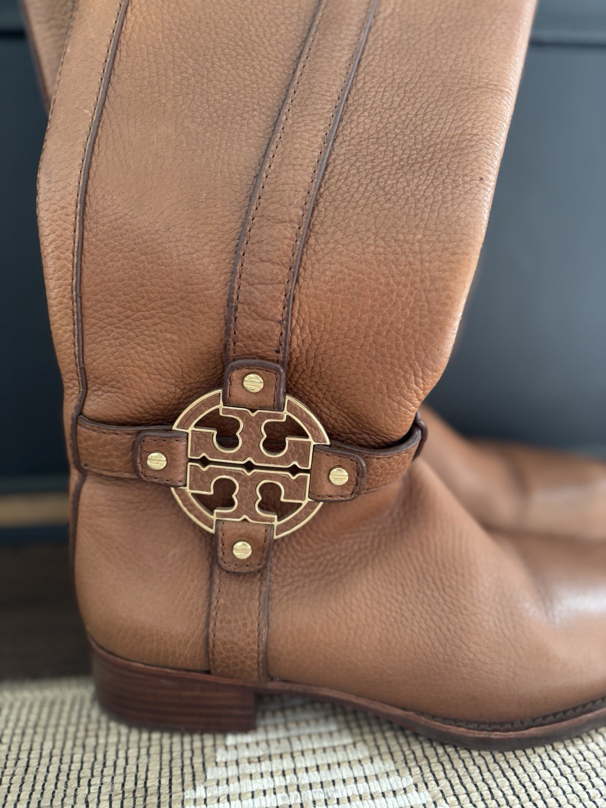 Tory Burch Amanda Brown Leather Knee High Riding Boots Zip Logo Womens 7.5M