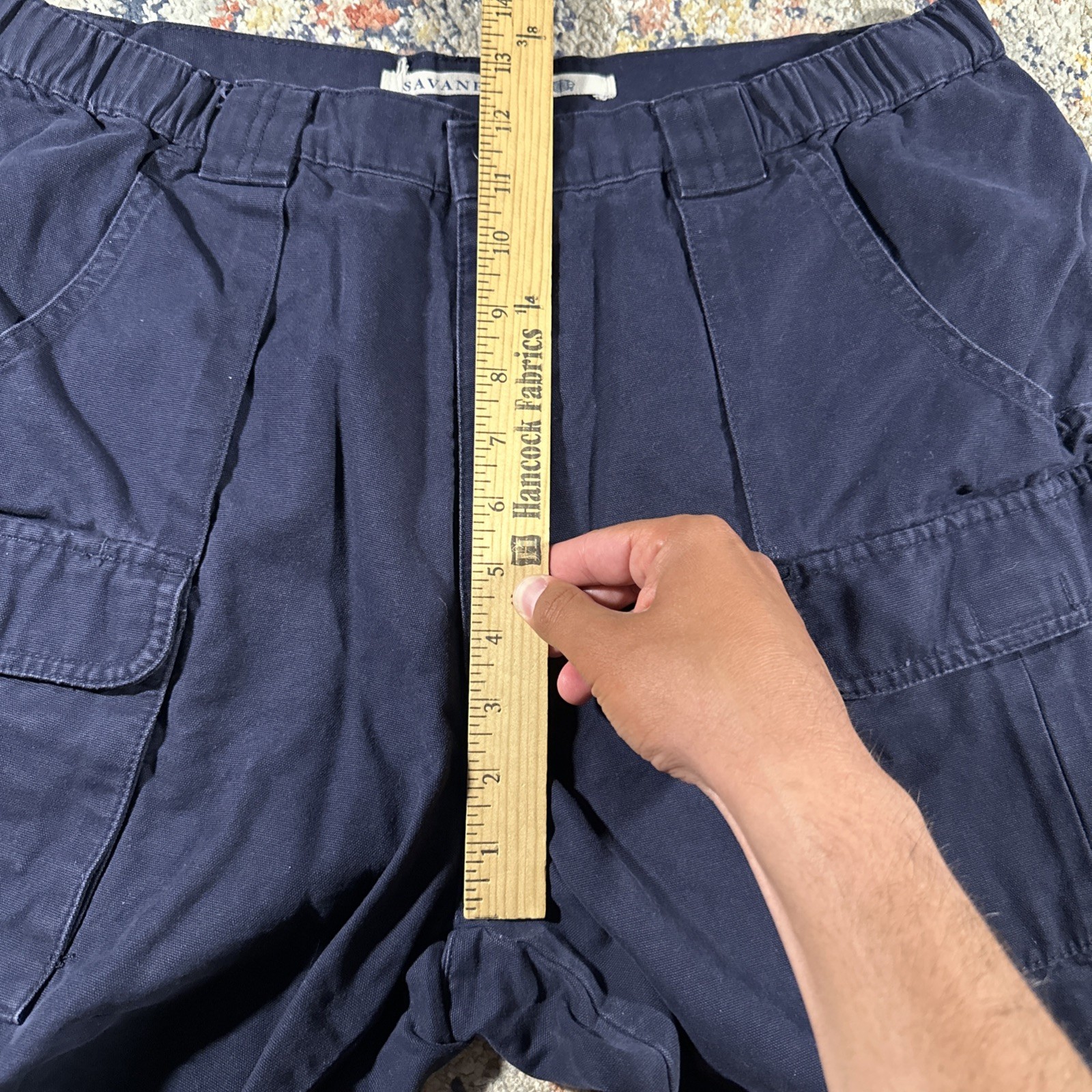 Savane Mens Cargo Shorts Navy Blue Cotton Canvas Elastic Waist Size 36 Camp