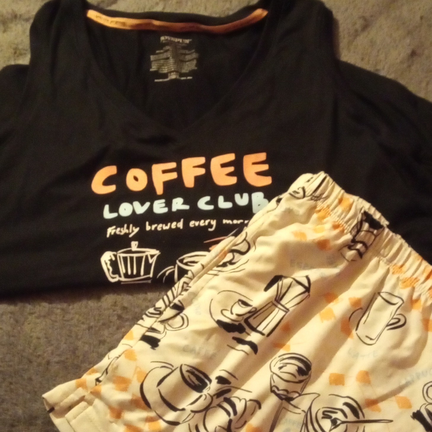 Joyspun Dreamy Soft 2pc Pajama Set Coffee Lover Club V-Neck Black L 12-14