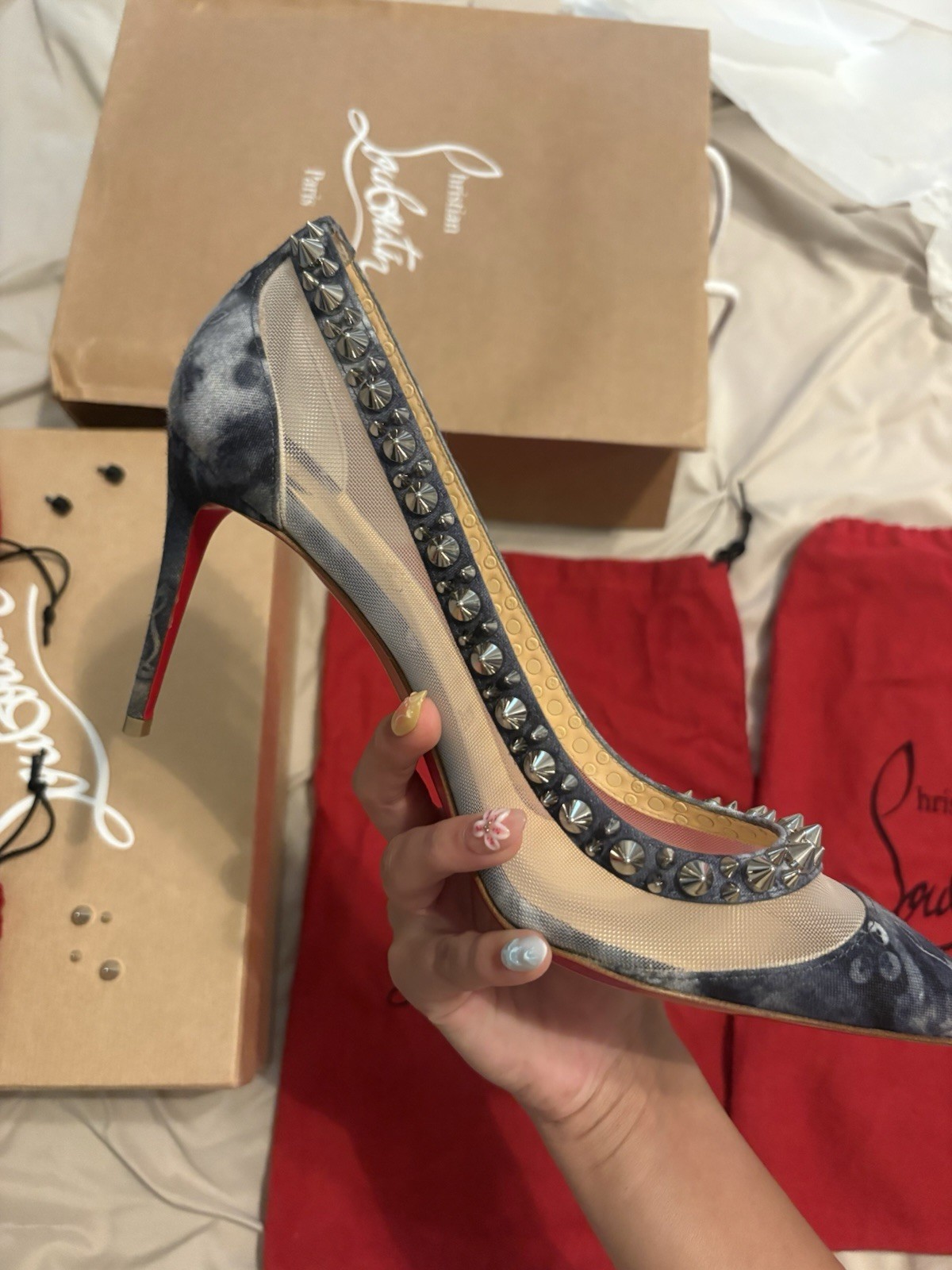 Christian Louboutin Studded Spike Denim Mesh Pointed Toe Pumps US 7 EU 38.5