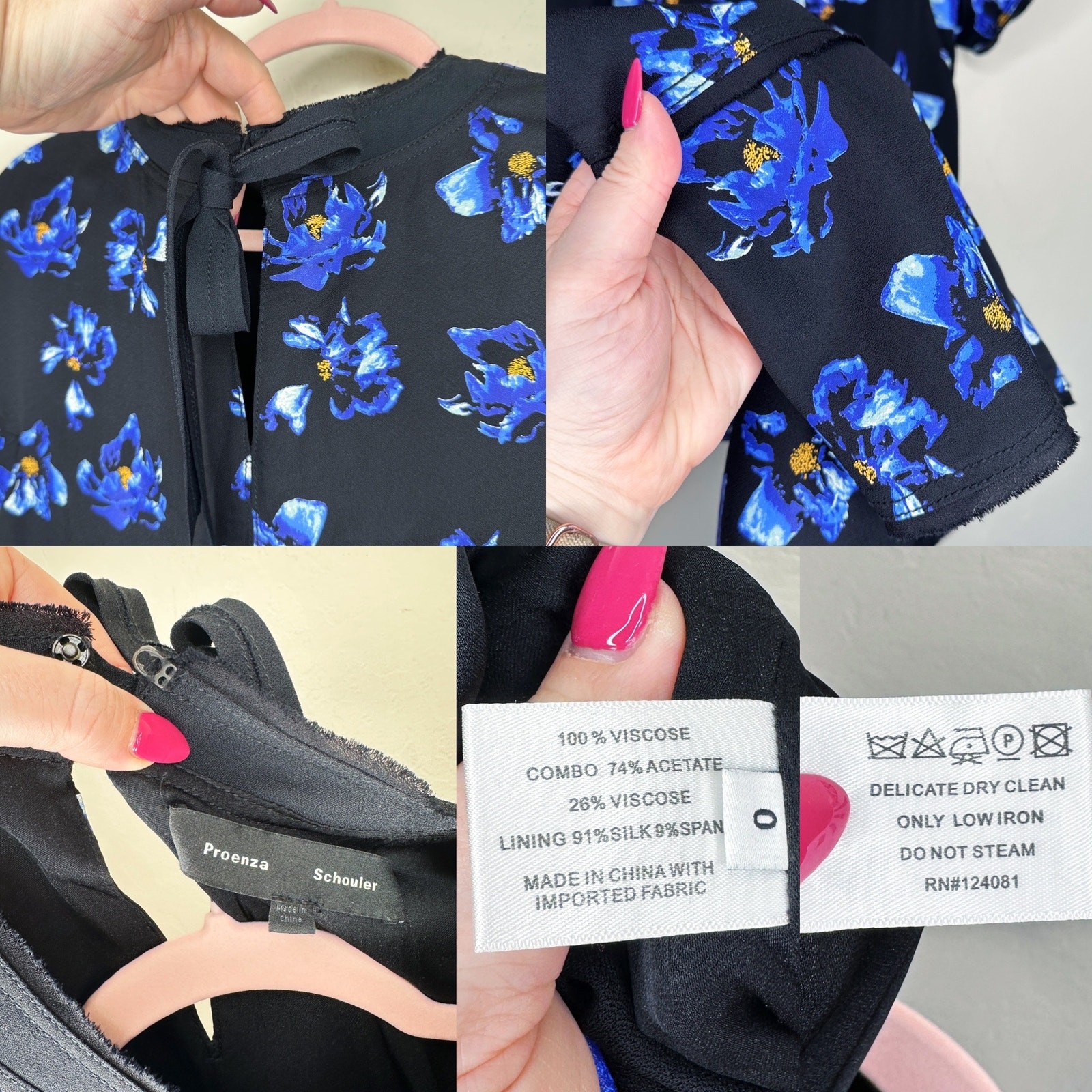 Proenza Schouler Floral Print Blue Black Tie Back Short Sleeve Mini Shift Dress