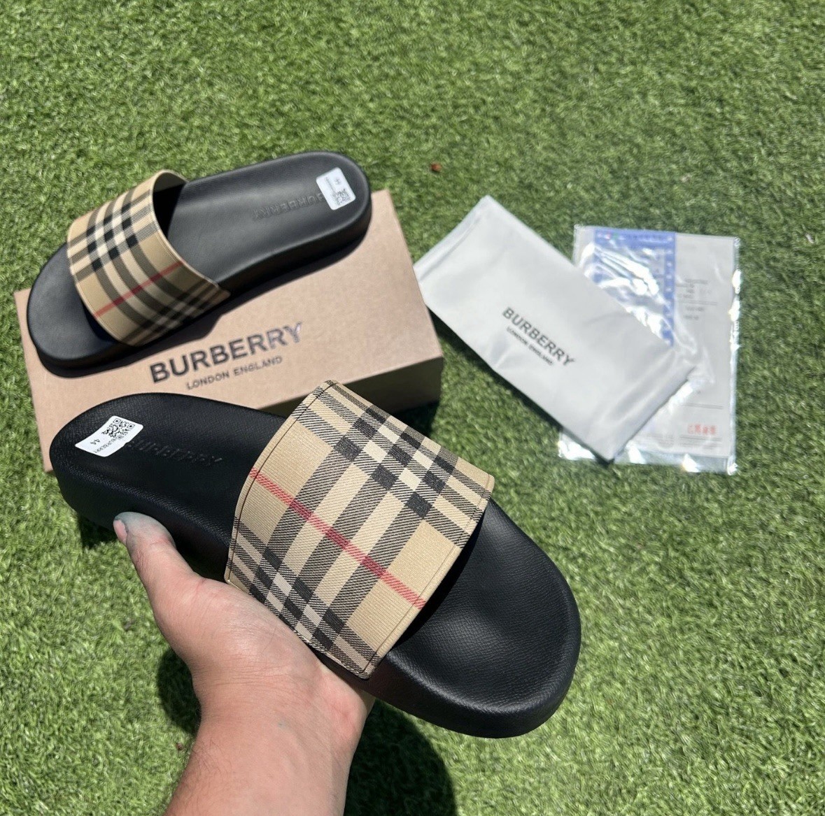 Burberry Nova Check Logo Slide Sandals Black/Beige Women’s US Any size