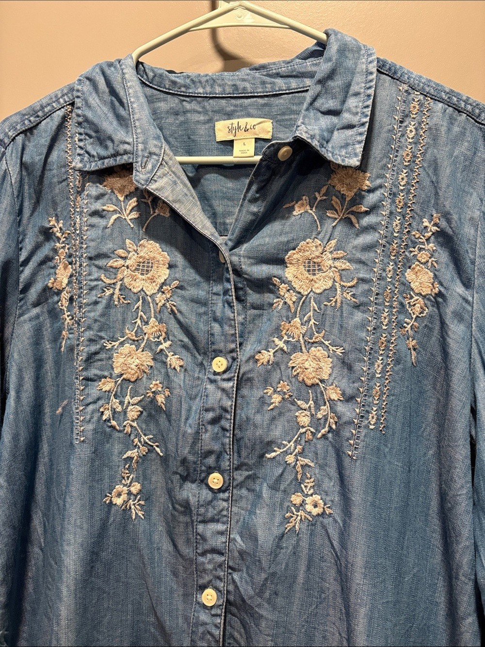 Style & Co Embroidered Chambray Lyocell Button Up Shirt Floral Boho L