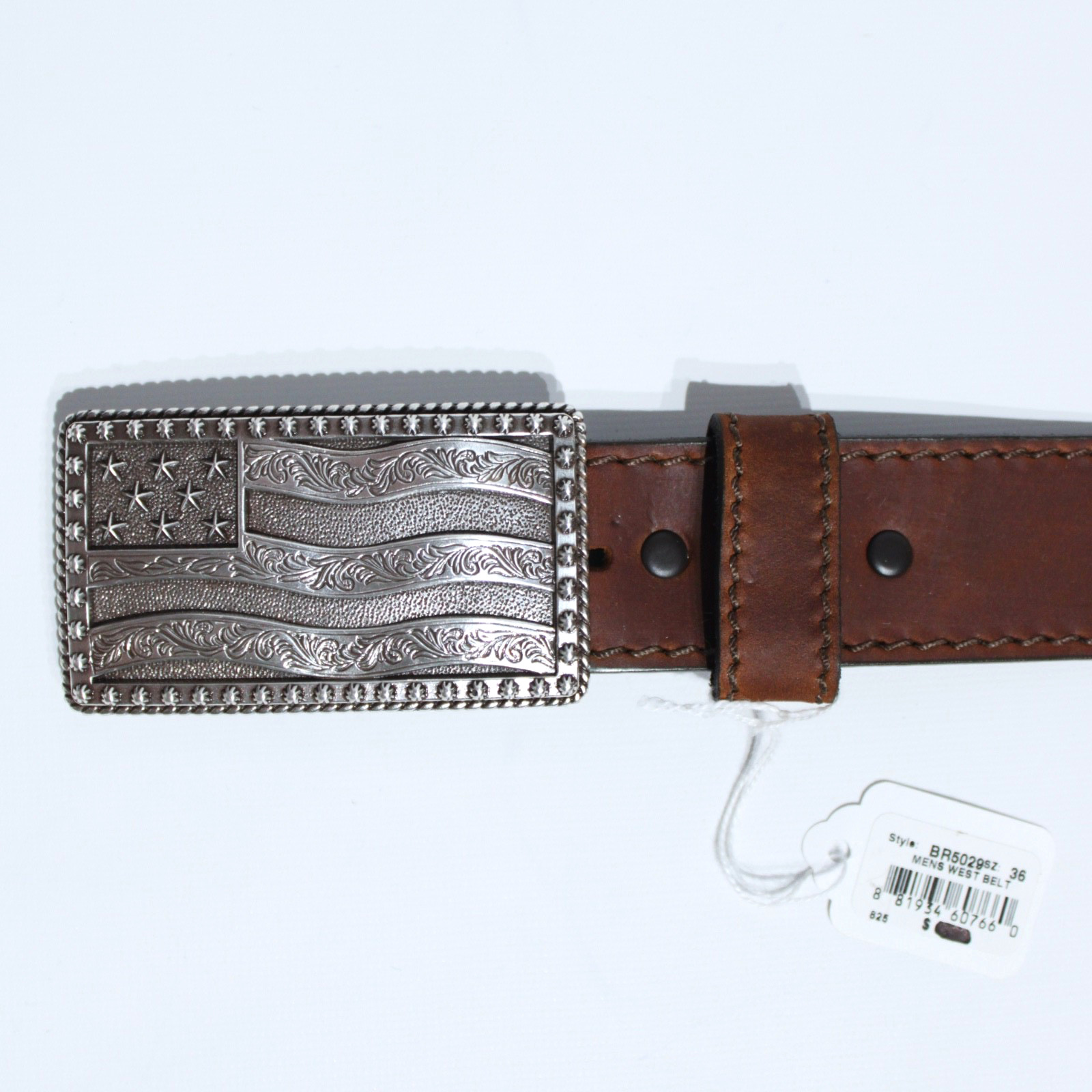 NWT Justin USA American Flag Brown Leather Western Belt Men Size 36 (45″ x 1.5″)