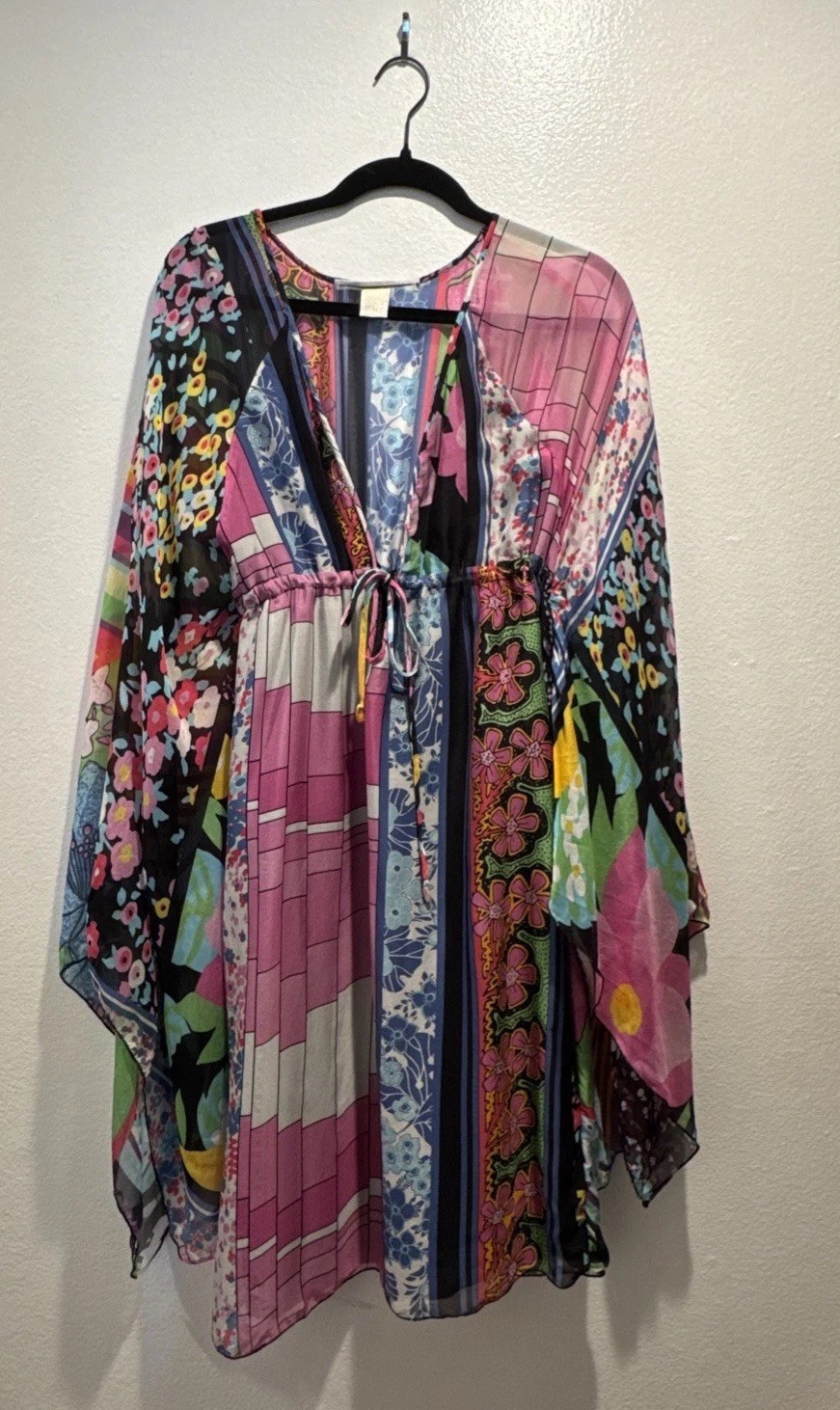 Nolita North Little Italy Silk Mixed Print Dress Artsy Colorful V Neck Boho Chic