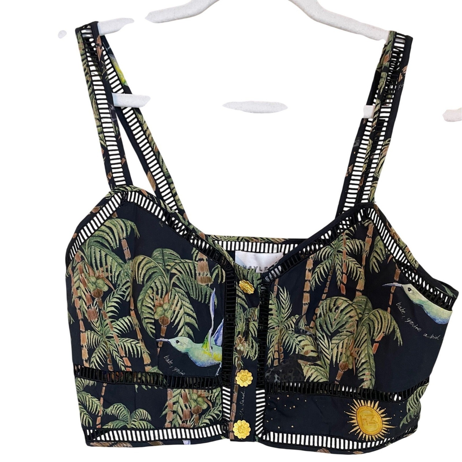 Hayley Menzies Size S Beija-Flor Resortwear Crop Top Black Palms Bird Flawed