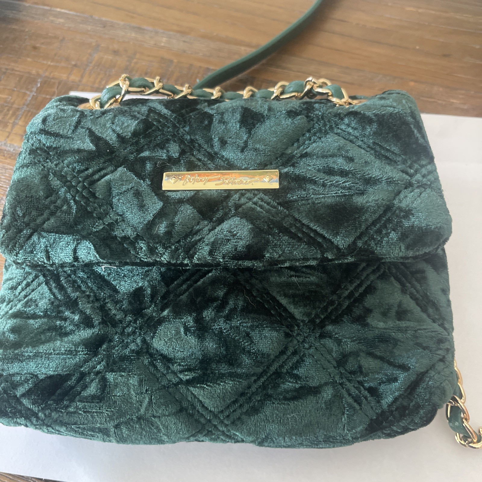 Betsey Johnson Small Purse/ Crossbody Green Velvet Quilted Chain Strap