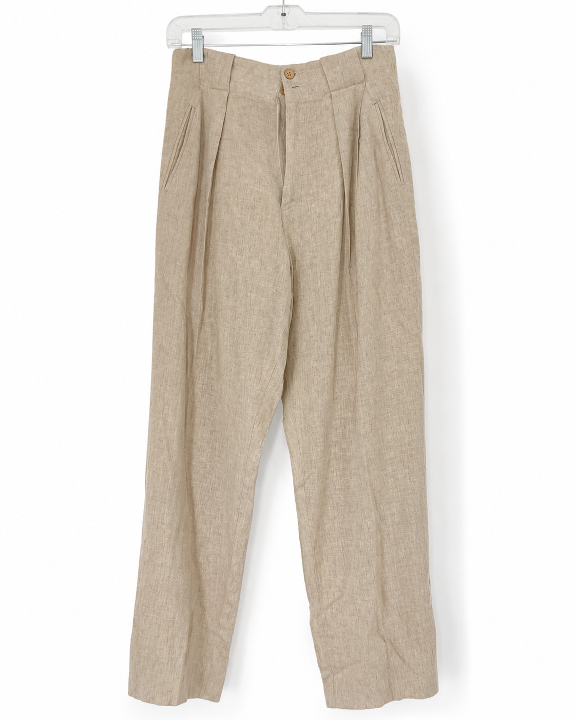 Vintage ETC Mens Linen Blend Pleated Trousers High Rise Tan Wide Leg 30×30 USA