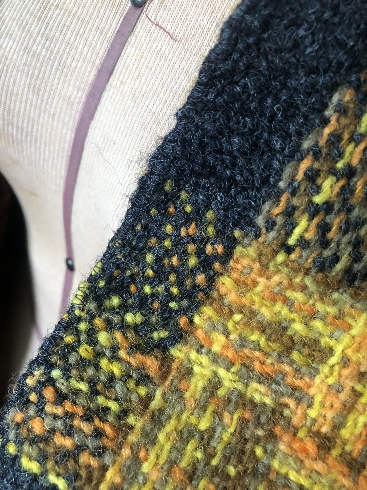 1960’s Charcoal Gray/ Yellow/ Orange Plaid Wool Triangle Shawl