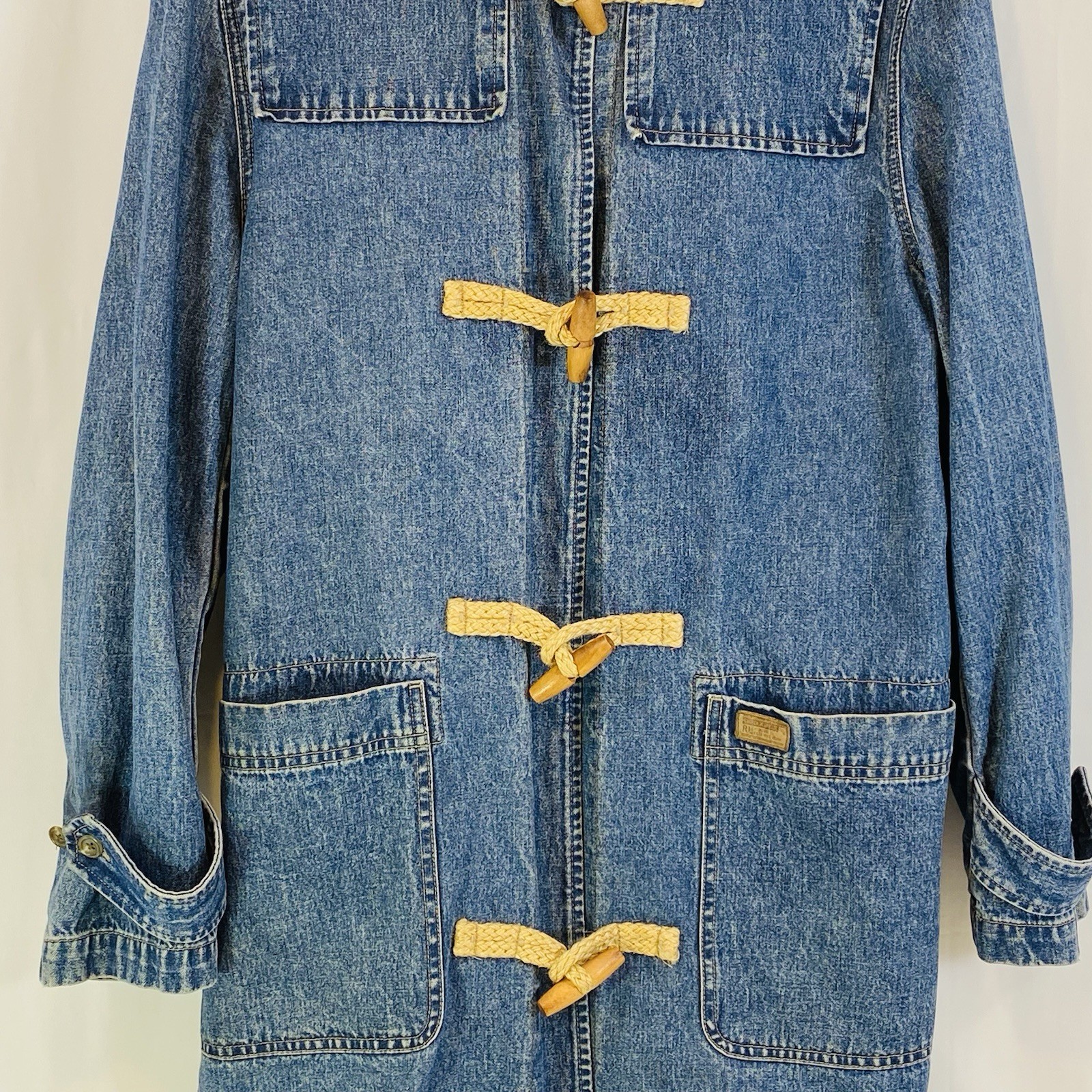 Vintage Ralph Lauren Denim Hooded Duster Jacket Chore Coat Toggle Womens M