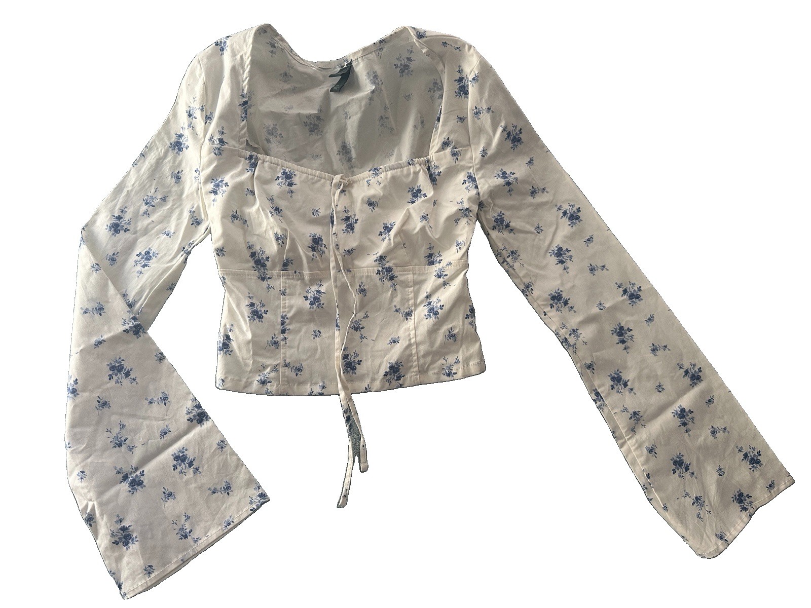 New Wild Fable Women’s Long Sleeve Cotton Milkmaid Top, XS – Cream & Blue Floral