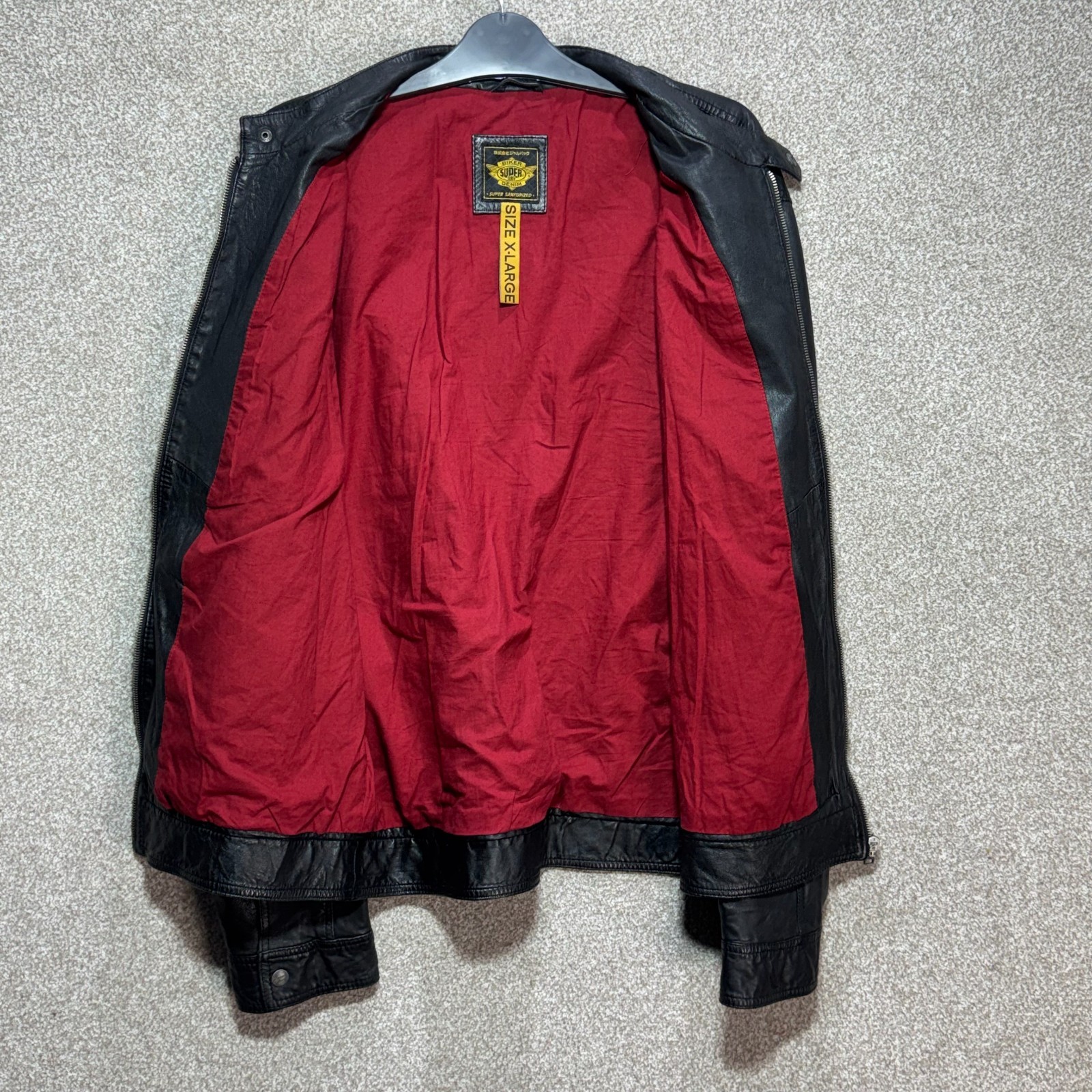 Superdry Leather Biker Jacket Mens XL Black Cafe Racer Moto Motorcycle