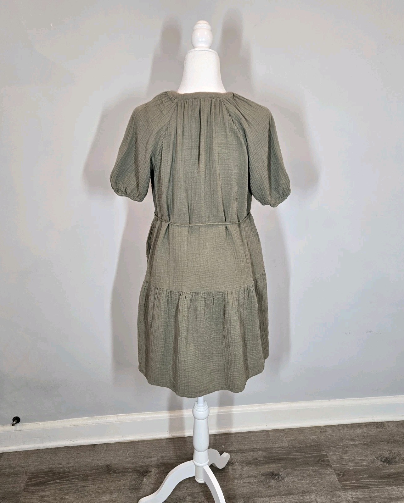 Marks & Spencer Per Una Pure Cotton Textured Notch Neck Tiered Khaki Dress Sz12
