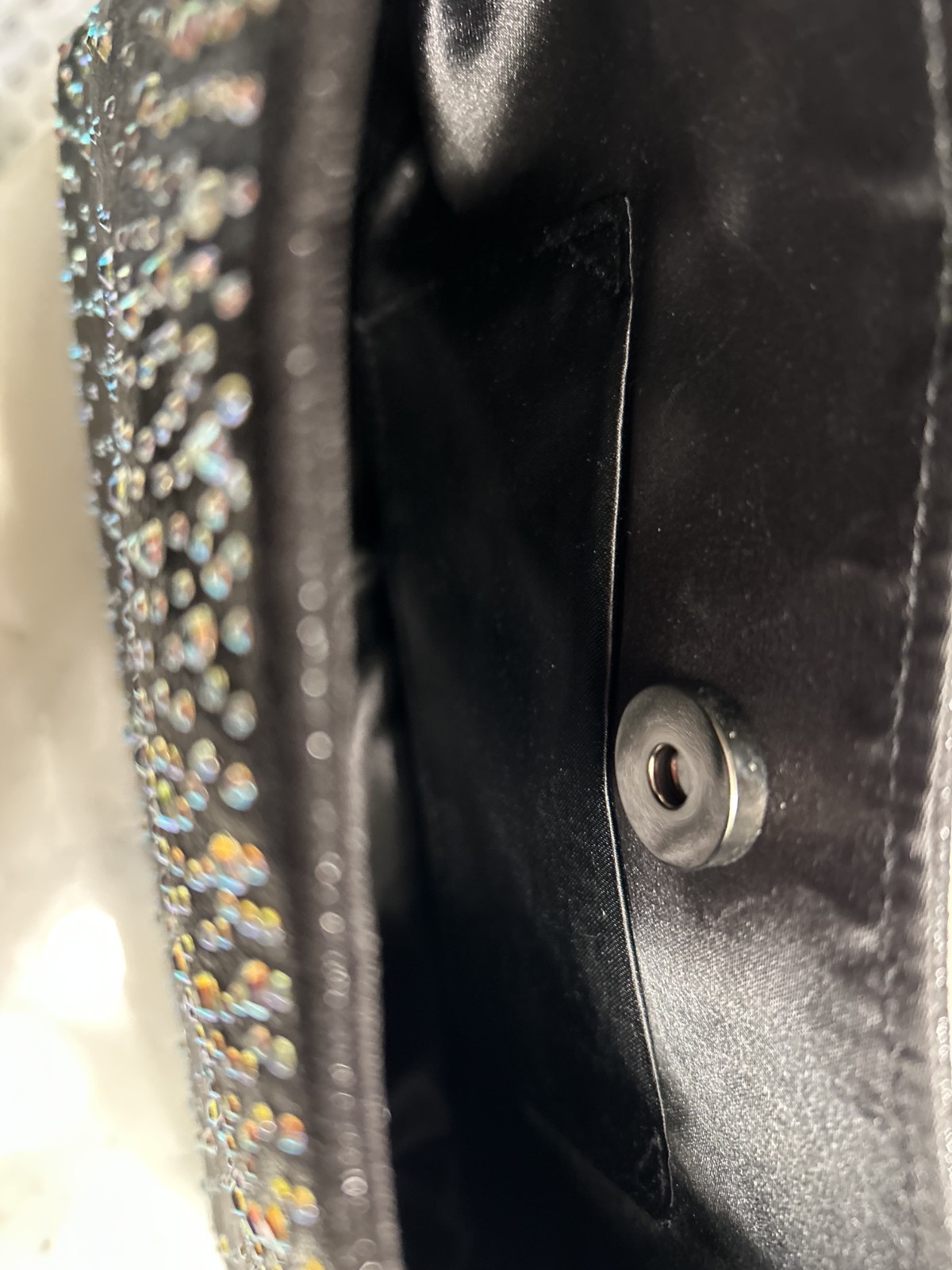 Ladies’ evening bag/purse. Black studded w/crystal beads. 9” x 5.5” plus…