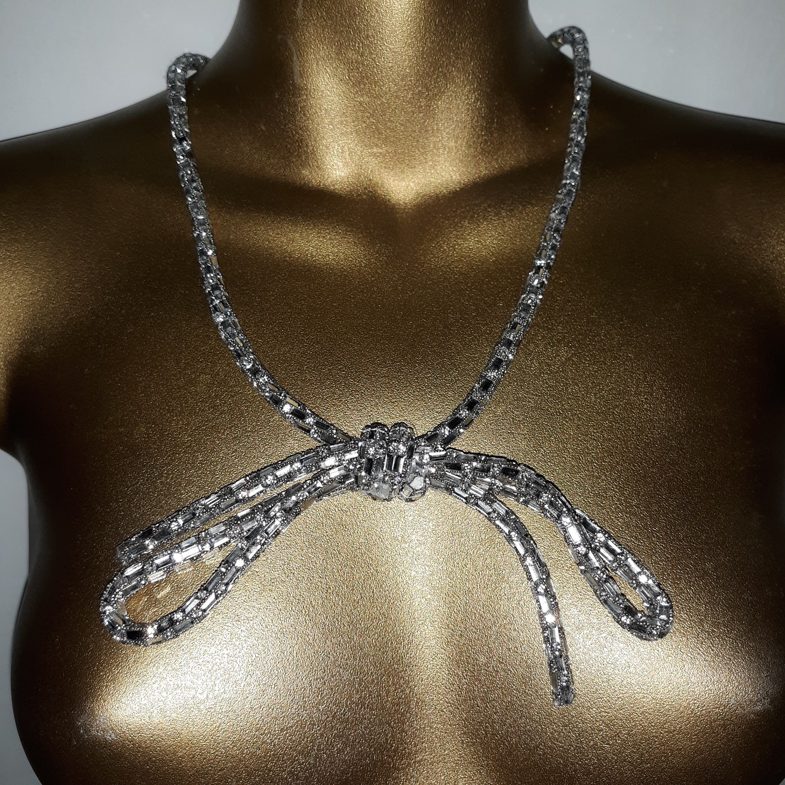 Vtg H By Halston Crystal Belt Sz L W/Bow Adj Clip Chain Clear Stones Slvr Fabric