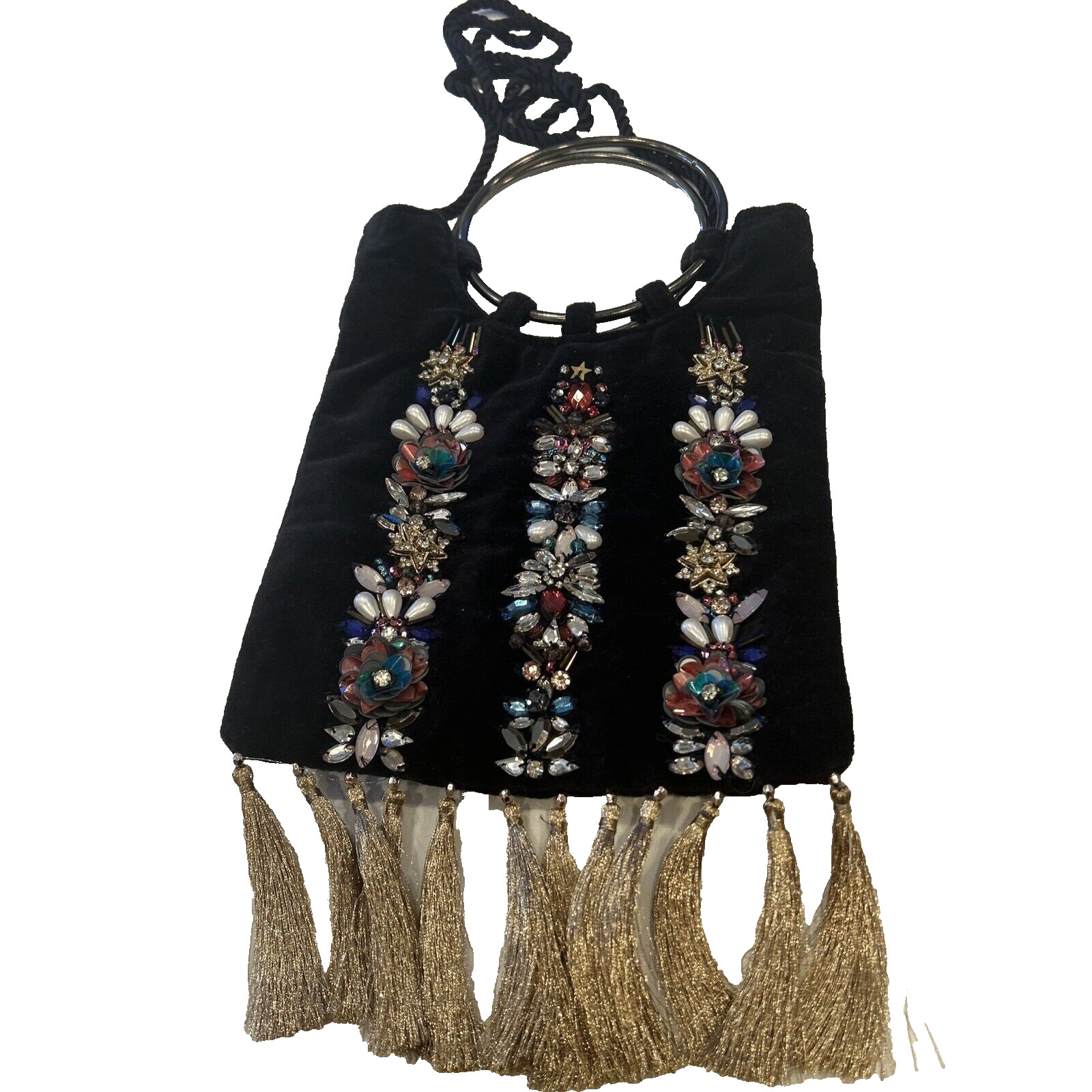 Accessorize Izabella Embellished Ring Handle Velvet Pouch Handbag Boho Bag Purse