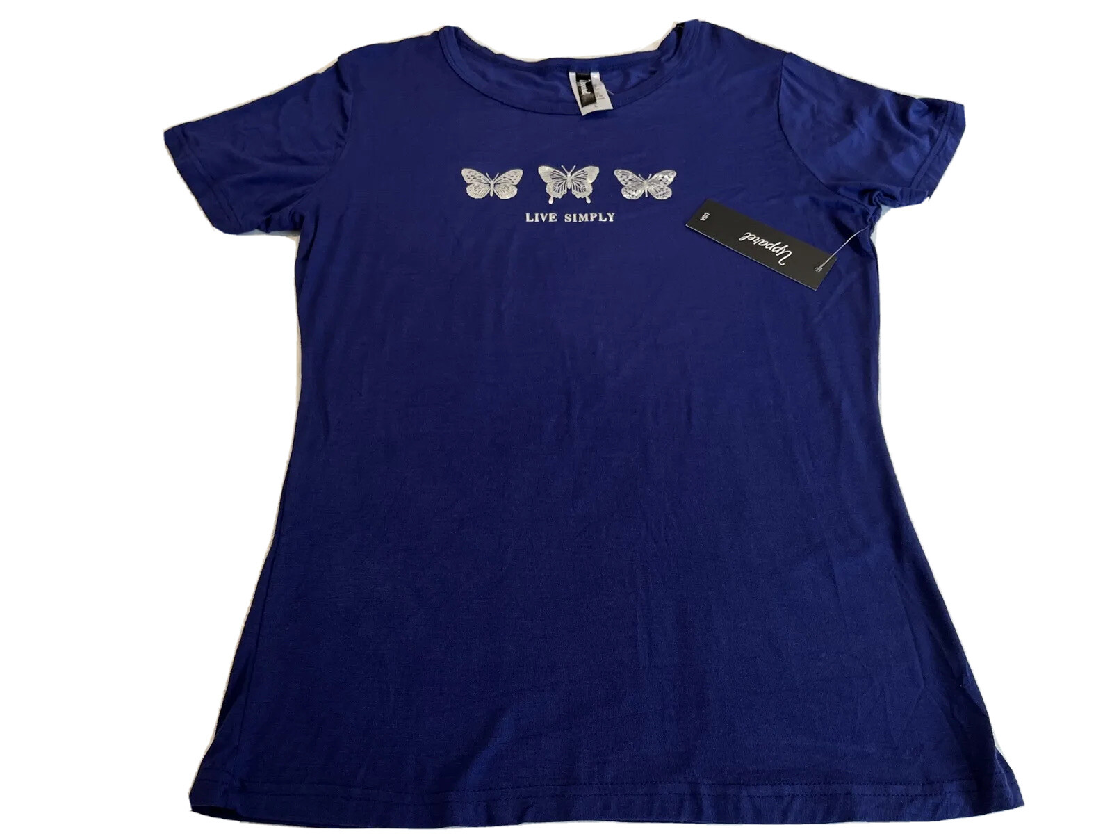 Upparel USA Womens Short Sleeve Soft Top Butterfly “Live Simple” Blue Size Large