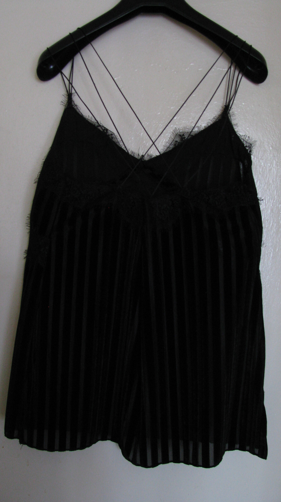 ZARA Black Cupro SEXY! Spaghetti Strap Tank Top w/ Lace Trim Sz L