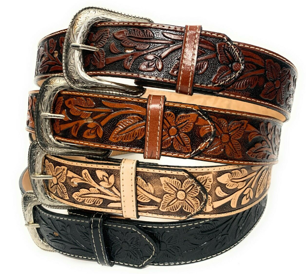 1 3/4″ WIDE WESTERN LEATHER BELT. COWBOY RODEO CASUAL LEATHER FLORAL EMBOSSED