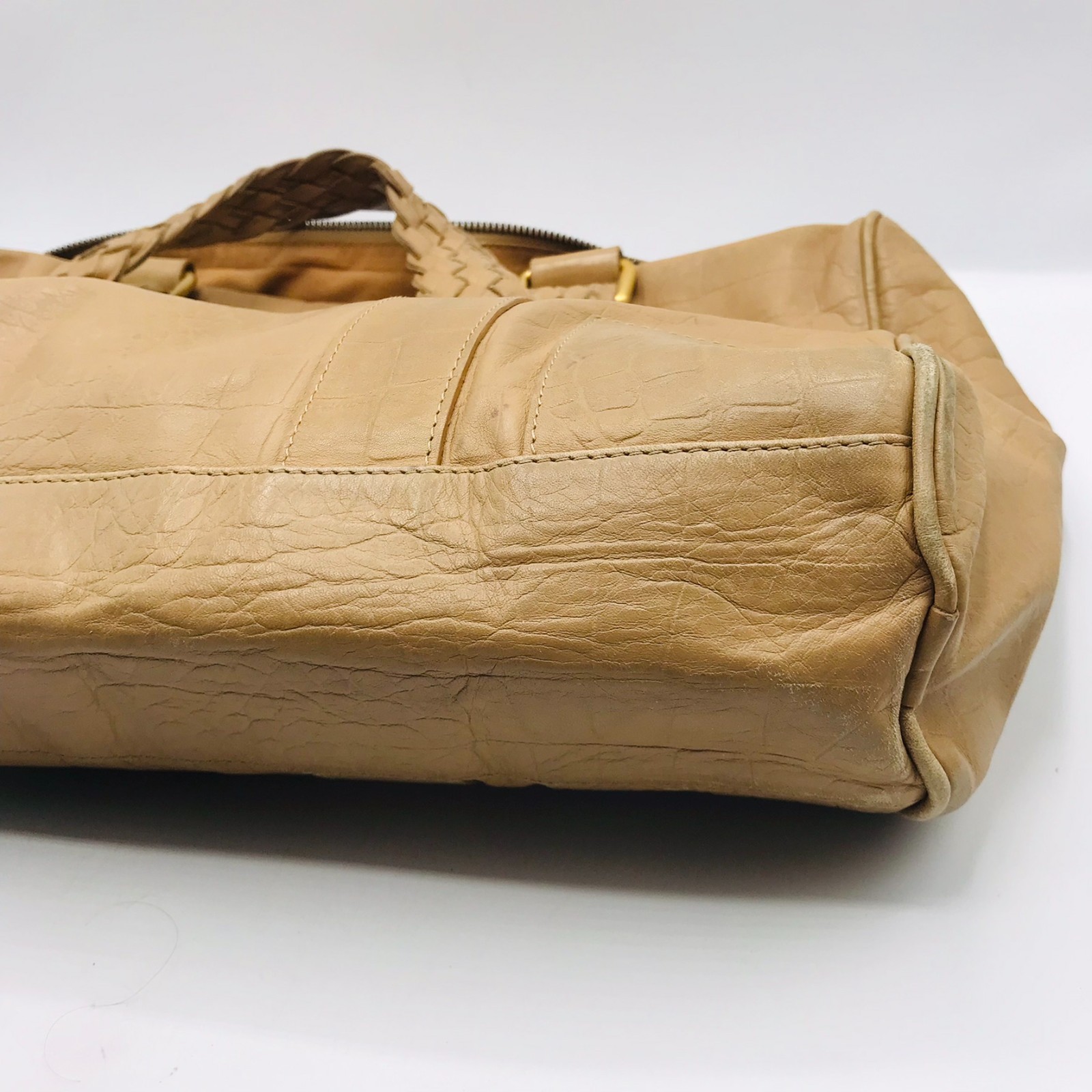 Falor Tan Leather Tote Bag Made In Italy with Woven Handles Embossed Snakeskin