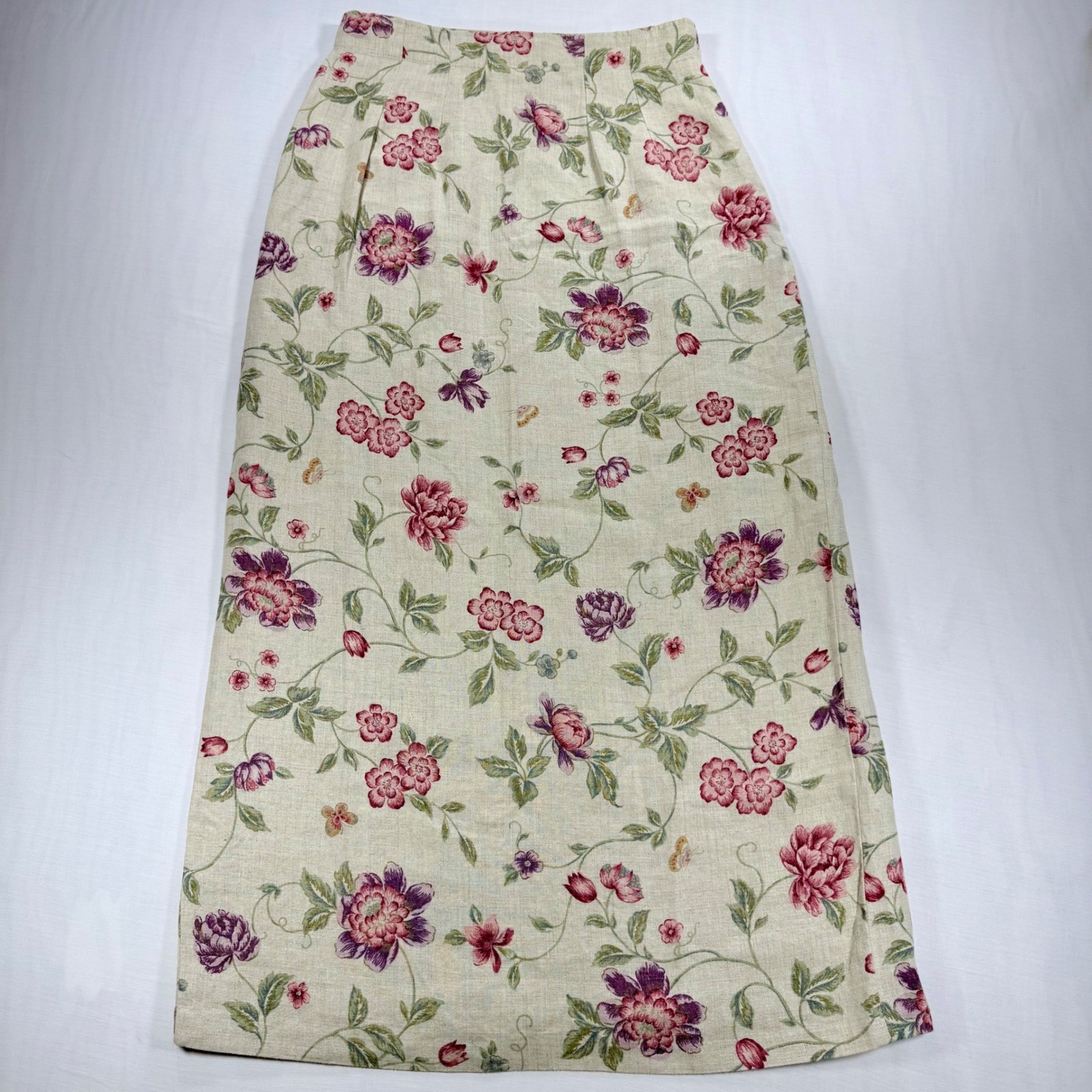 VTG 90s Eddie Bauer Womens Floral 100%Linen Wrap Skirt Beige Pink Purple Maxi 10