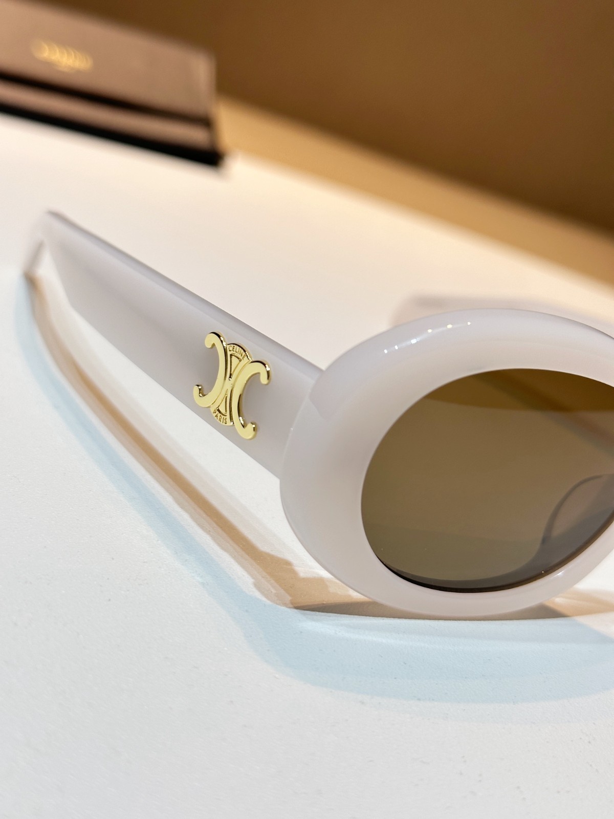 Celine Triomphe Oval Sunglasses Off-White Acetate Gold Logo Designer Chic