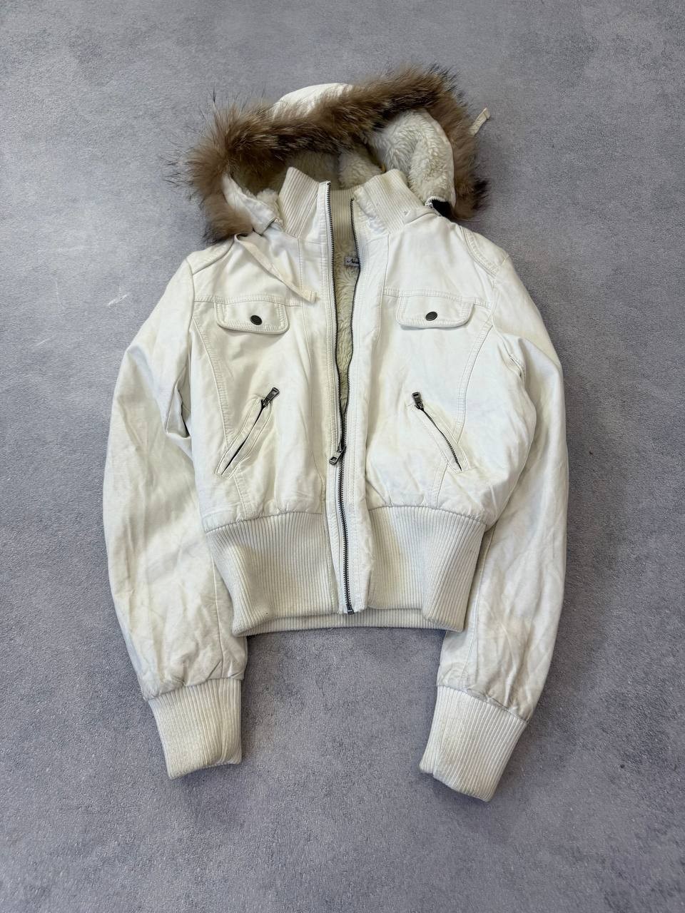 Vintage 90s White Avant-Garde Faux Fur Fell Cropped Leather Y2K Streetwear Jacke