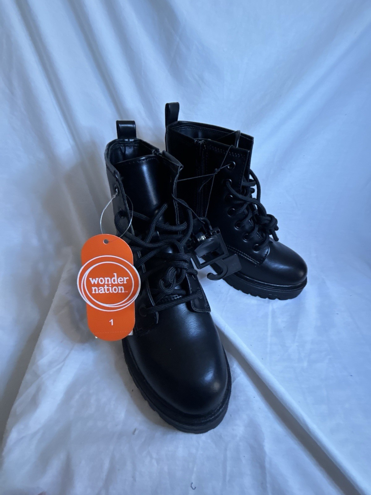Wonder Nation Girls Size 1 Combat Boots Black Zipper And Lace Up