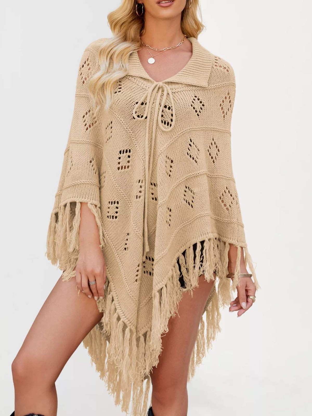 Women’s Fringe Tassel Tie Openwork Knit Boho Beach Cover Up Multi Colors S-XL