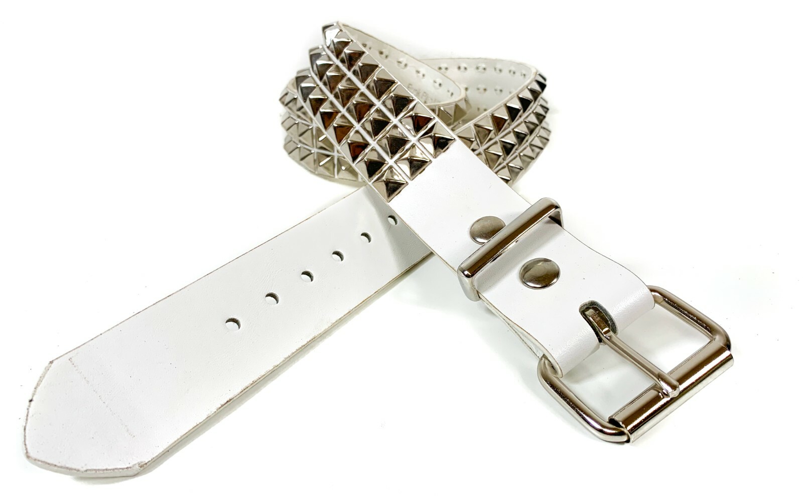 White Vegan Leather Three Row Pyramid Stud Belt Punk Goth Metal Funk Plus