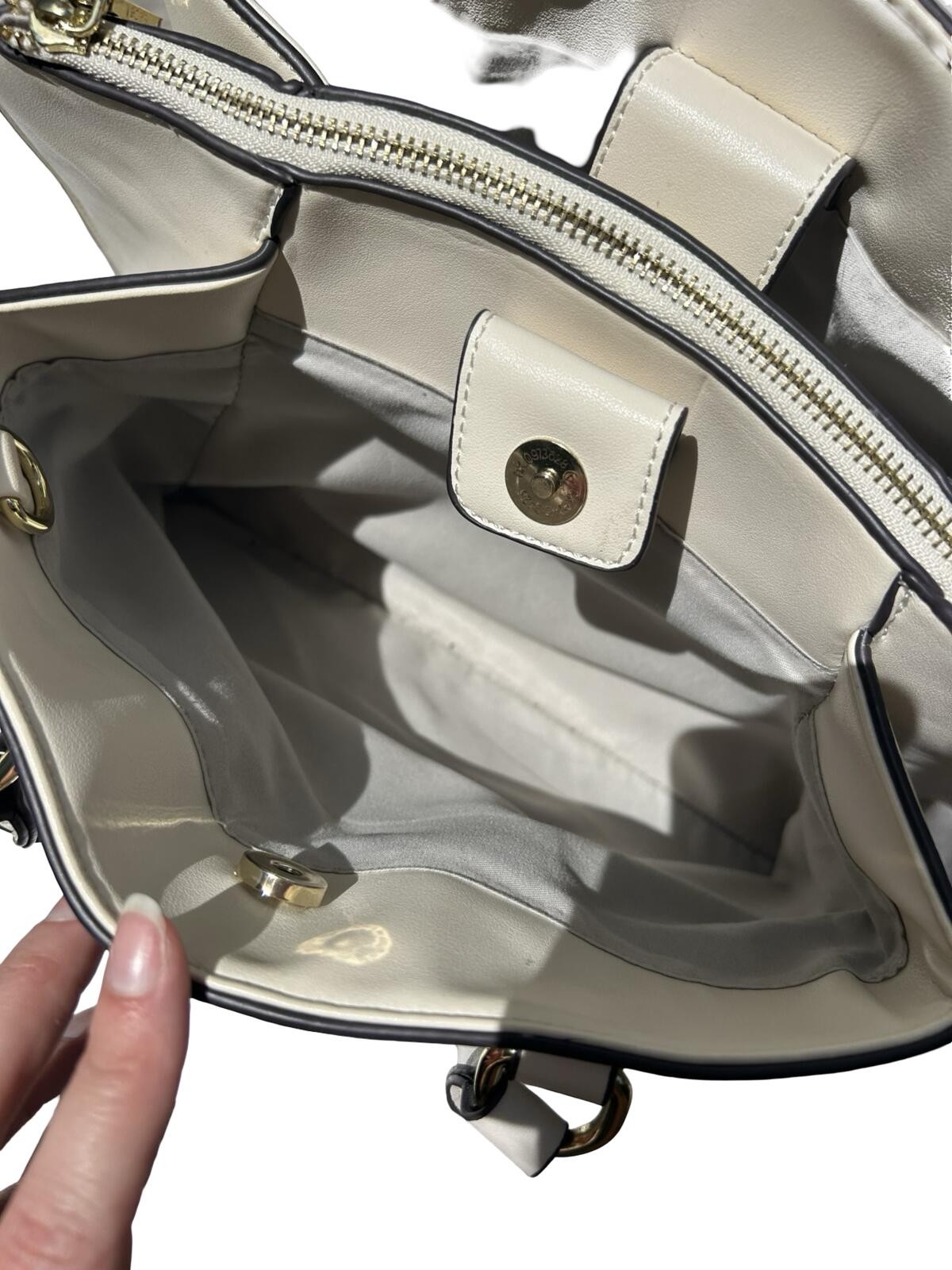 BCBG Cream Ivory Satchel Handbag Faux Leather Tote Purse Gold Hardware
