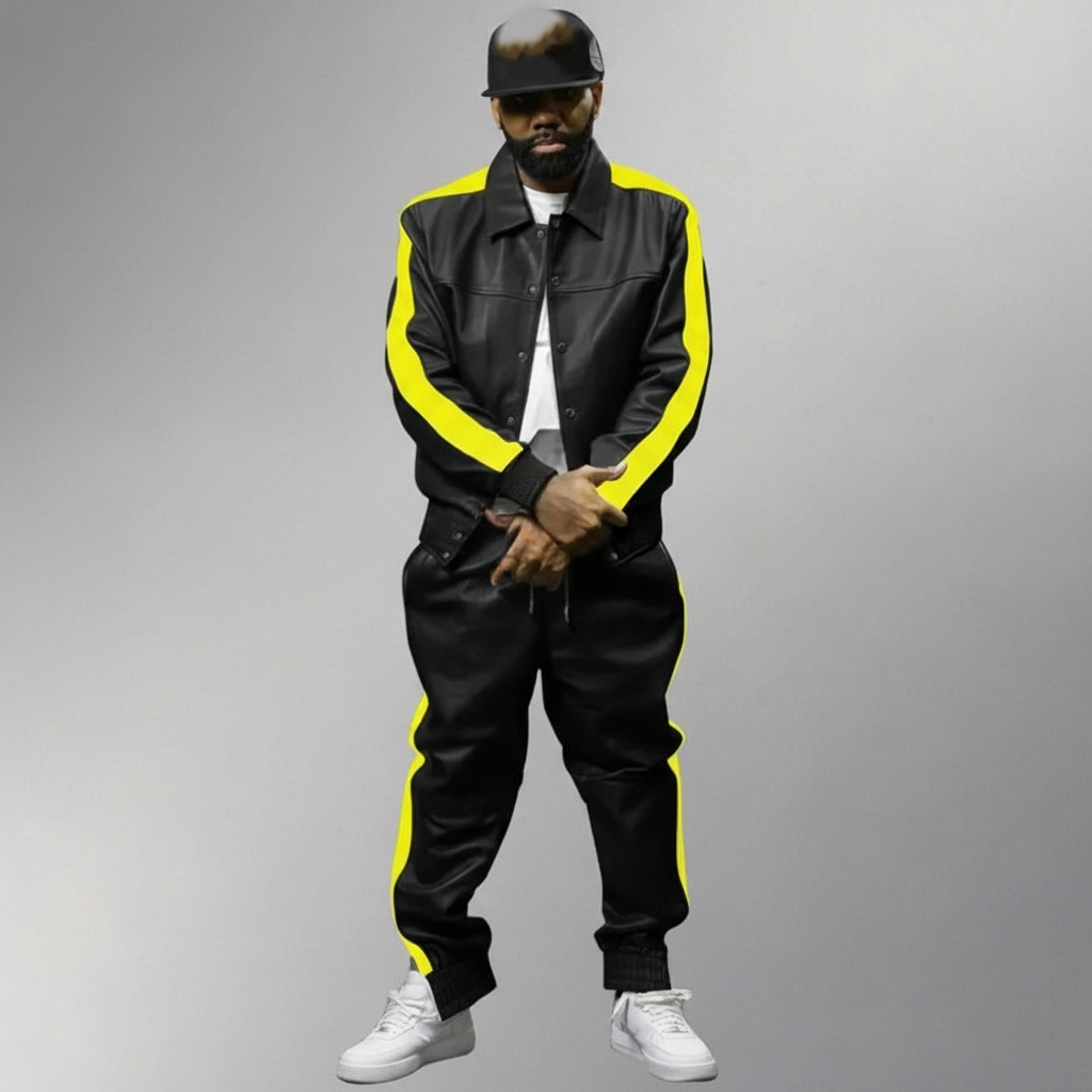 Men Lambskin PU /Leather Track Suit Sweatsuit Men Jogging Tracksuit Black/Yellow