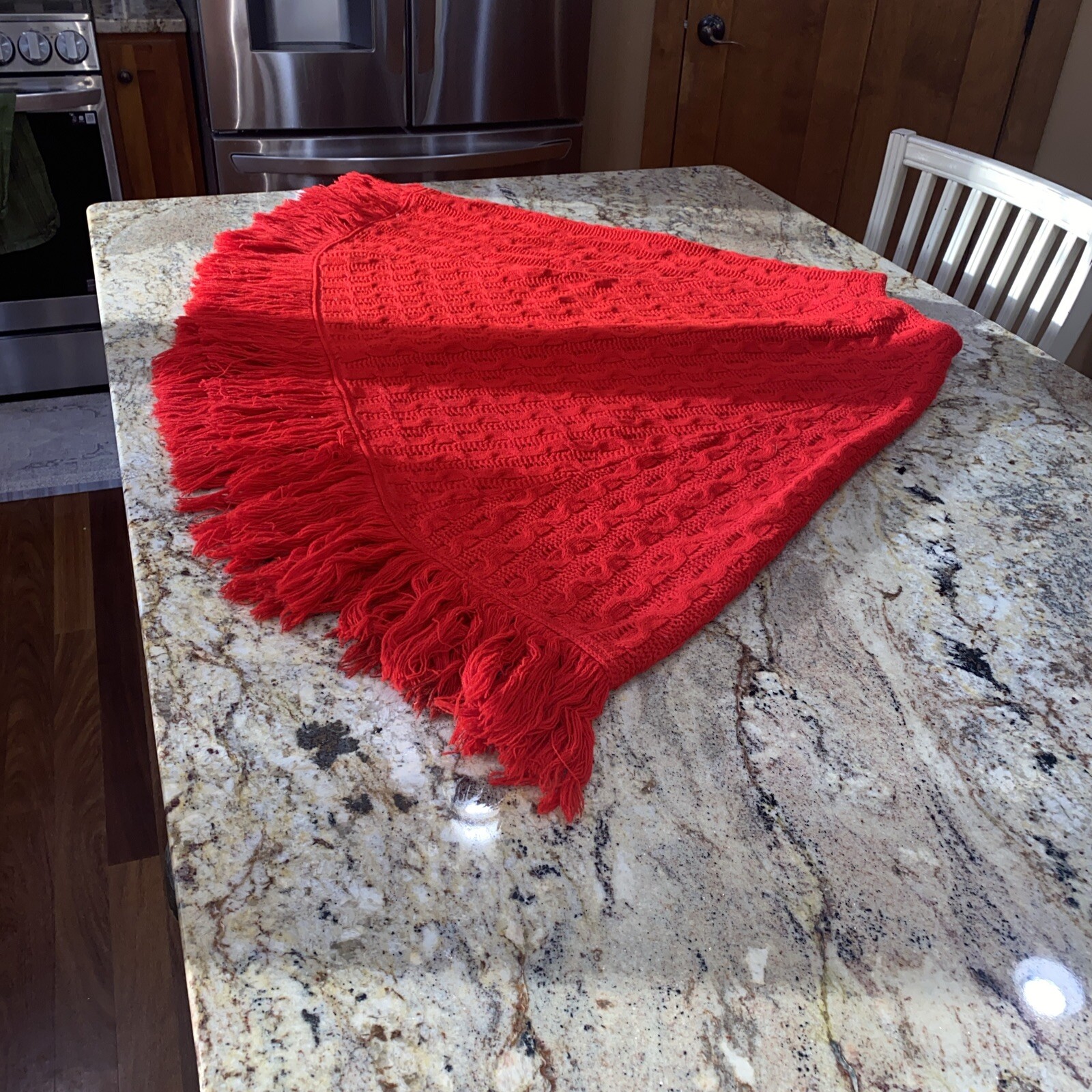 Montgomery Ward Button Up Acrylic Knit Poncho Fringe Red Vtg 70’s Sweater