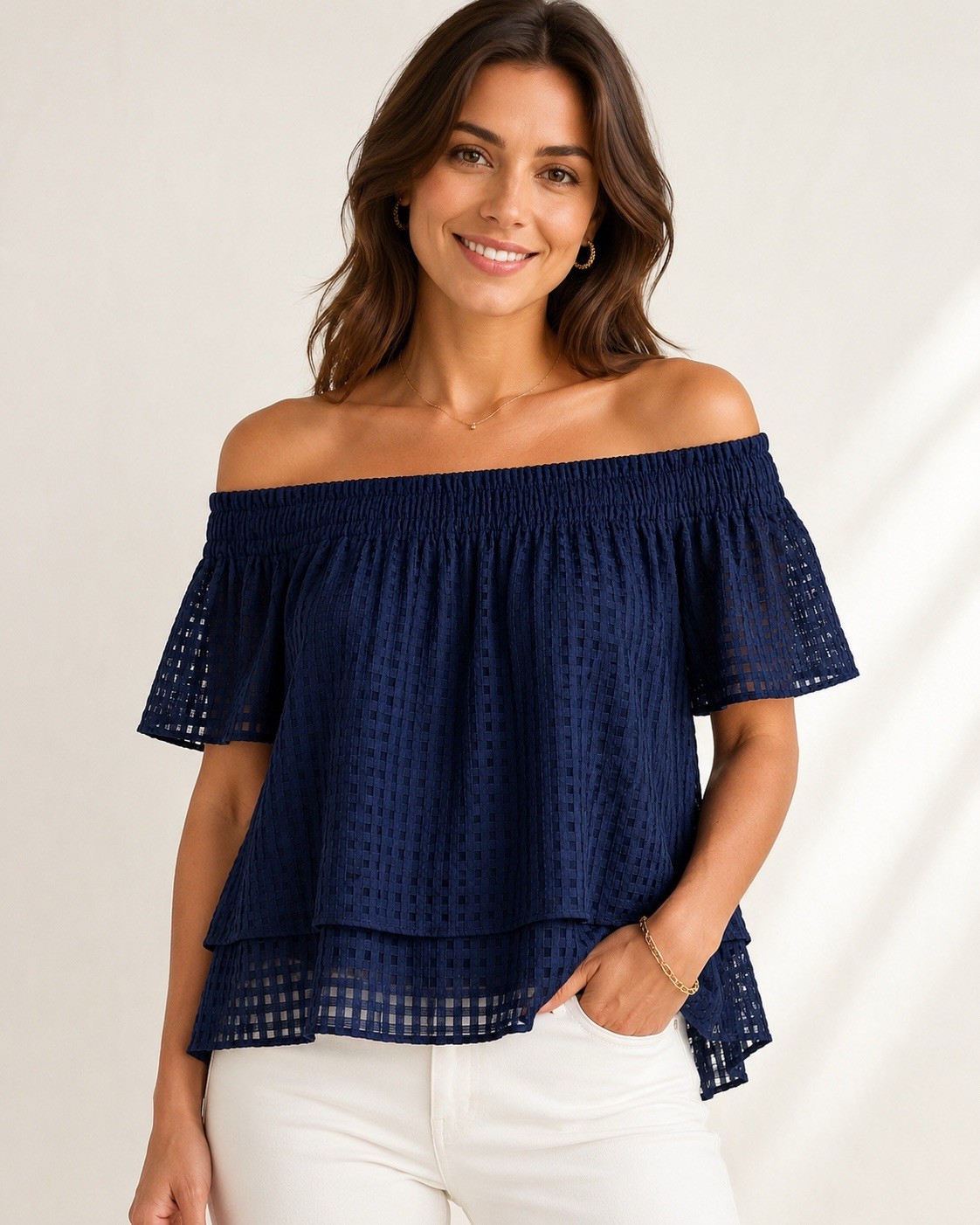 Mollie Burch Loretta Short Sleeve Off the Shoulder Navy Blue Top Women’s Size S