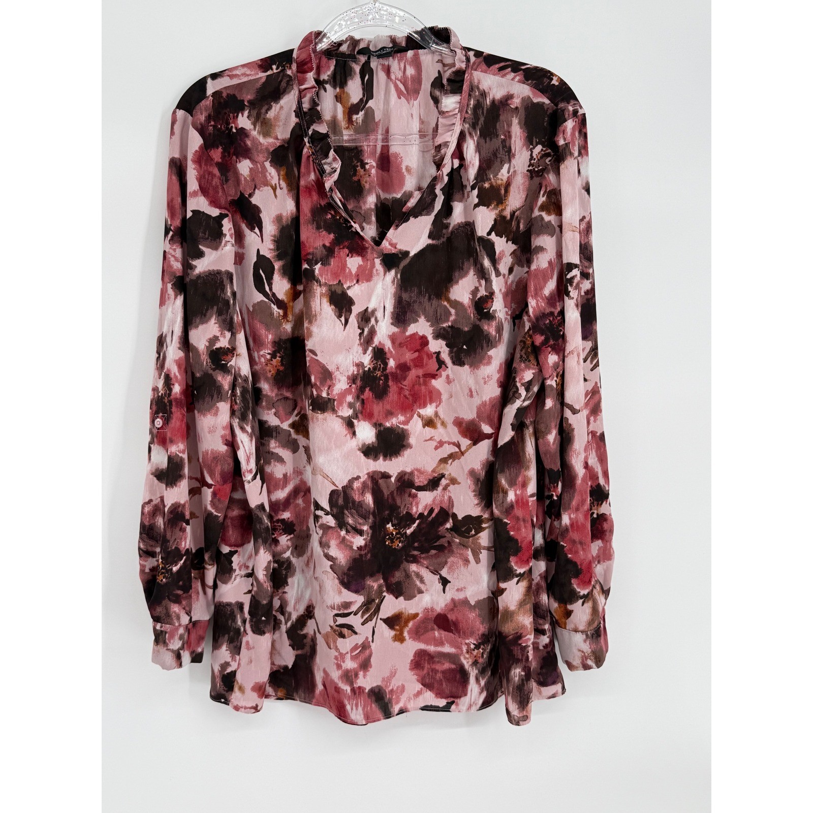 Simply Vera Vera Wang Sz XXL Floral V-Neck Blouse Burgundy Pink Long Sleeve