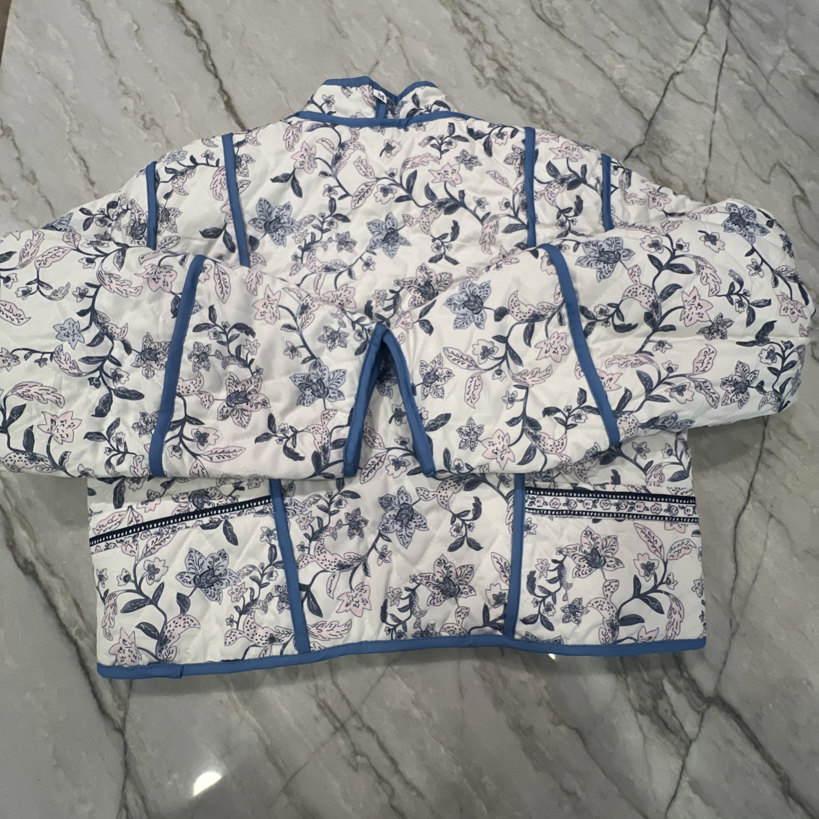 Reversible Quilted Jacket Cropped Sz MED* Navy Blue Floral Ivory/Pink
