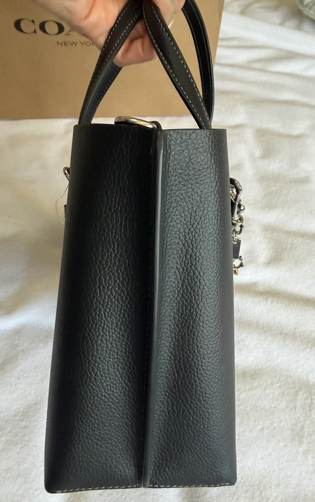 NWT Coach Mollie Tote 25 Black Metallic Logo Bundle w/ Strap, Charm, Dust Bag