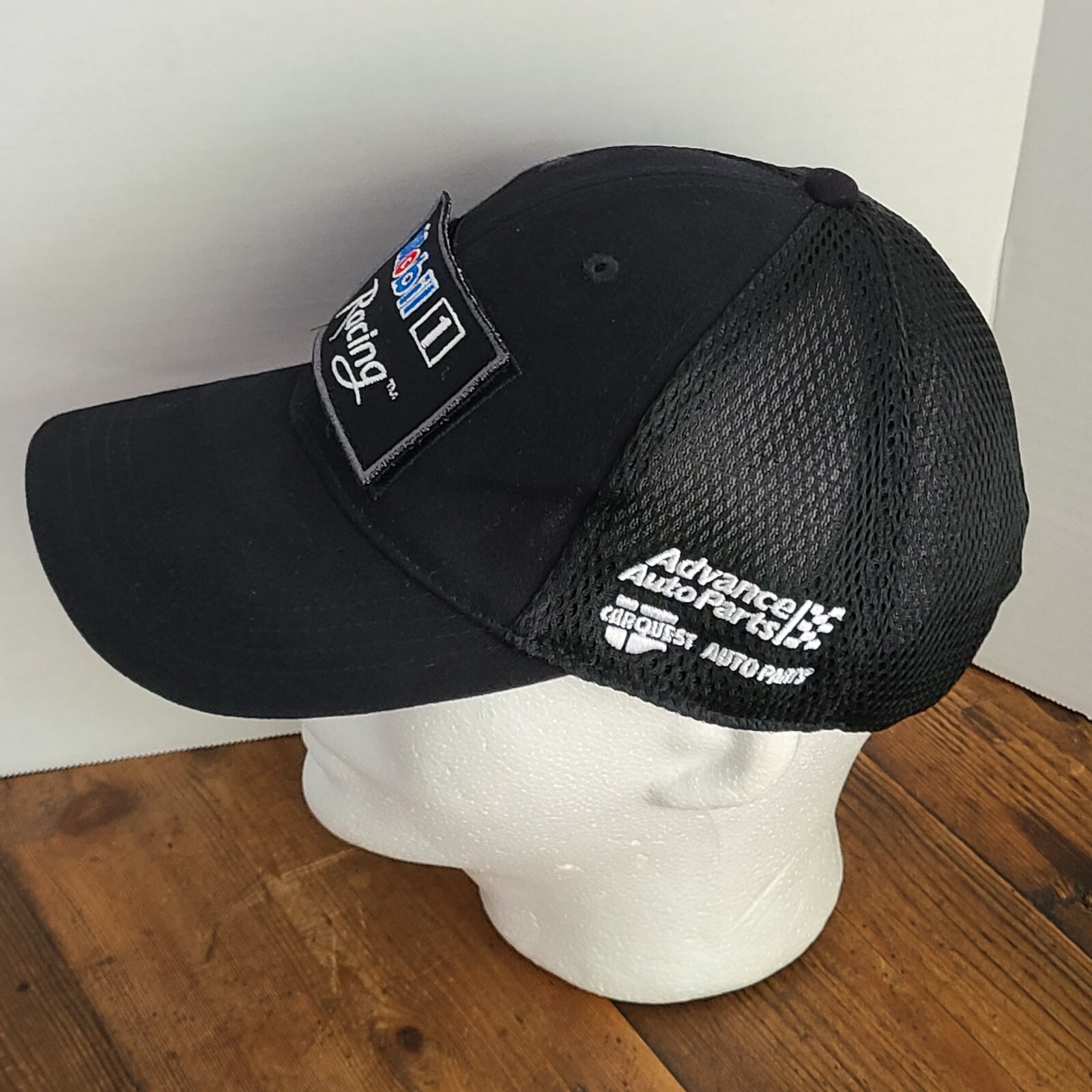 Mobil 1 Black Cap Adjustable Strap Back Hat Red White Blue Embroidered Letters