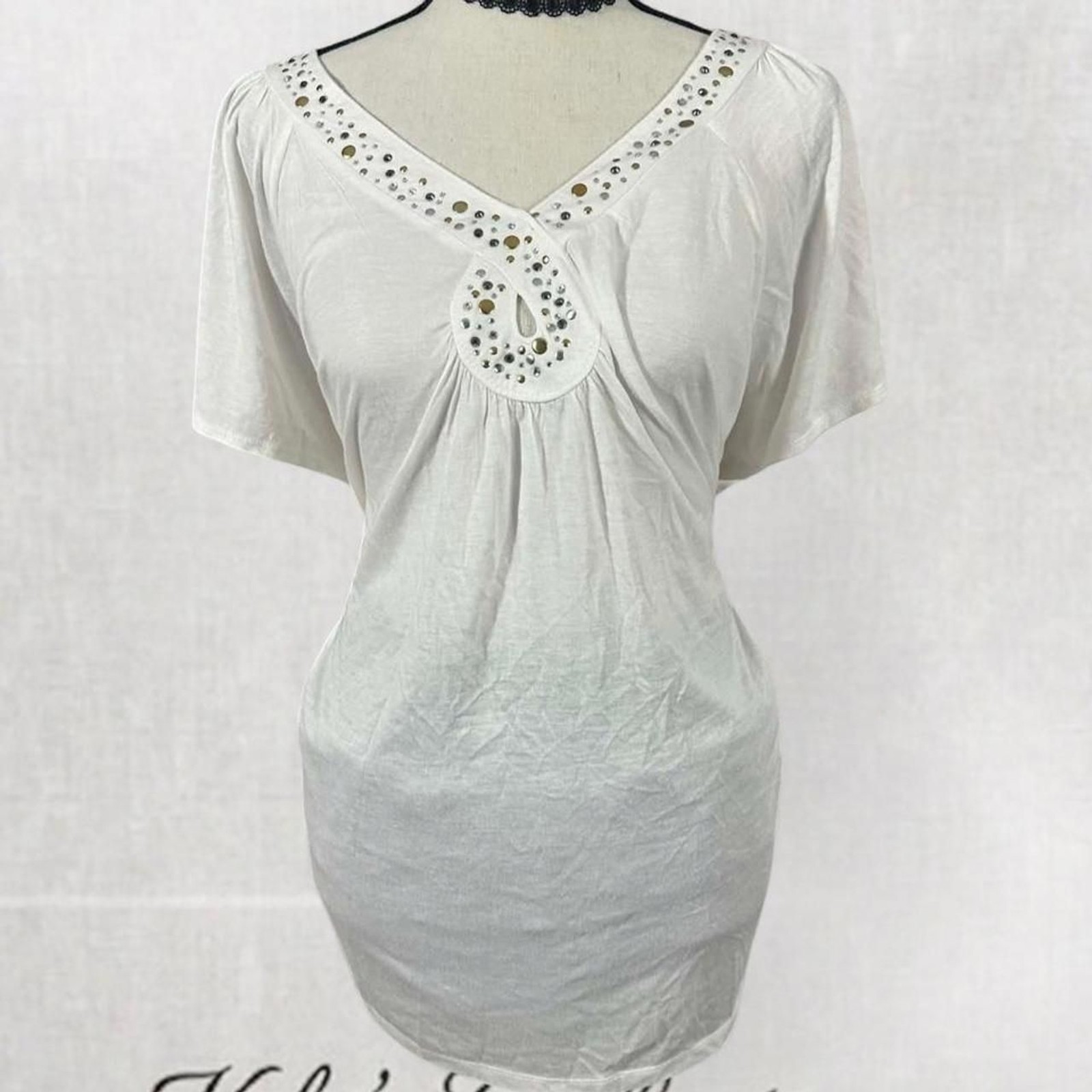 Vintage Style Rhinestone Decorated V-Neck Babydoll Lightweight Blouse